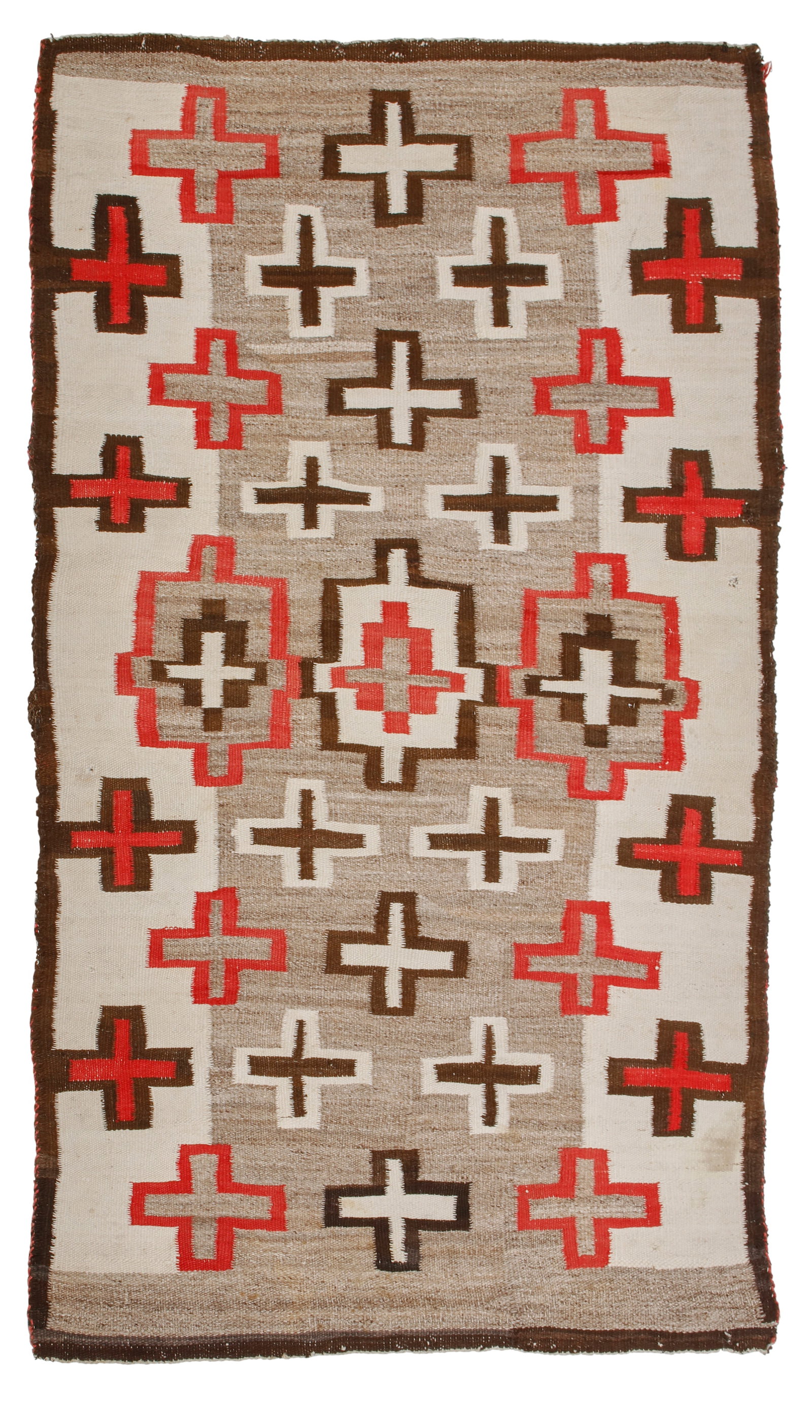 A Navajo regional rug: A Navajo regional rug Early/mid-20th century, DinE Woven in brown, red, cream, and grey wool with multiple cross motifs in positive and negative designs 66.25" H x 38" W