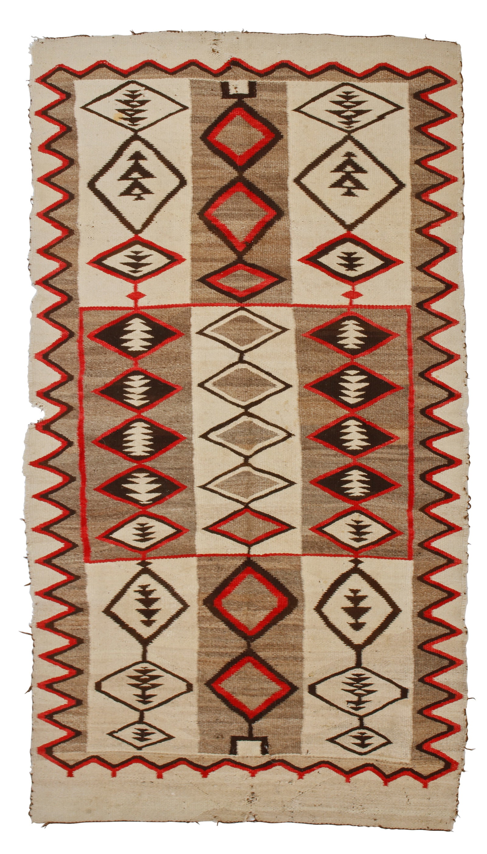 A Navajo regional textile: A Navajo regional textile Early 20th century, DinE Woven in cream, grey, brown, black, and red wool with alternating sections of various stacked diamond motifs and a zigzag border 79" H x 44"