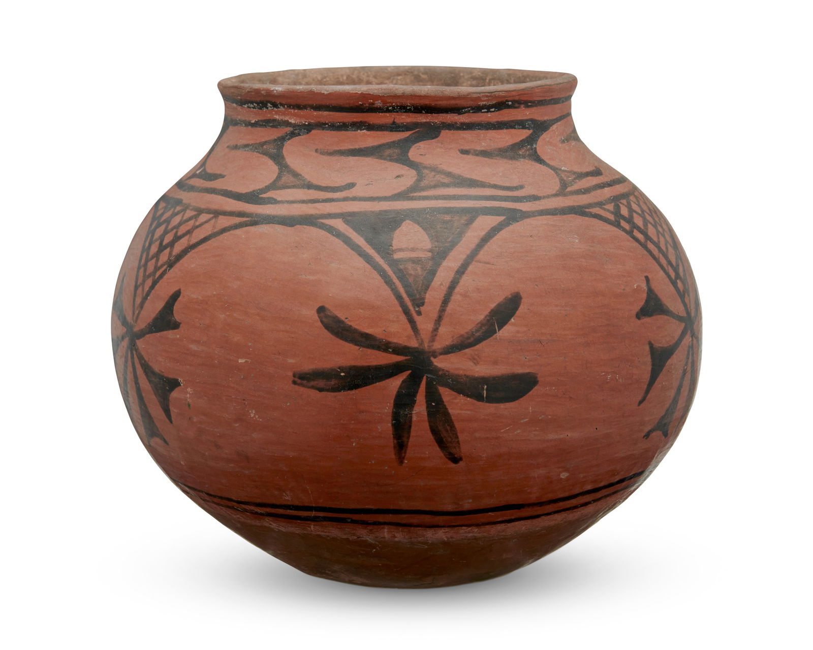 A large San Ildefonso/ Tesuque Pueblo pottery jar: A San Ildefonso/ Tesuque Pueblo pottery jarLate 19th century, New MexicoA black and red globular jar with painted motifs and indented base8.5" H x 10.5" Dia. Provenance: Private Collection,