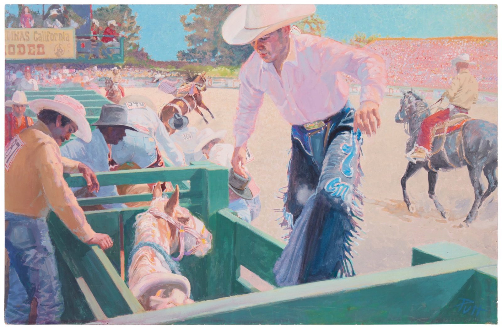 Donald "Putt" Putman (1926-2007), "Bareback," Acrylic on illustration board, 20" H x 30" W: Donald "Putt" Putman (1926-2007) "Bareback" Acrylic on illustration board Signed lower right: Putt; titled verso 20" H x 30" W