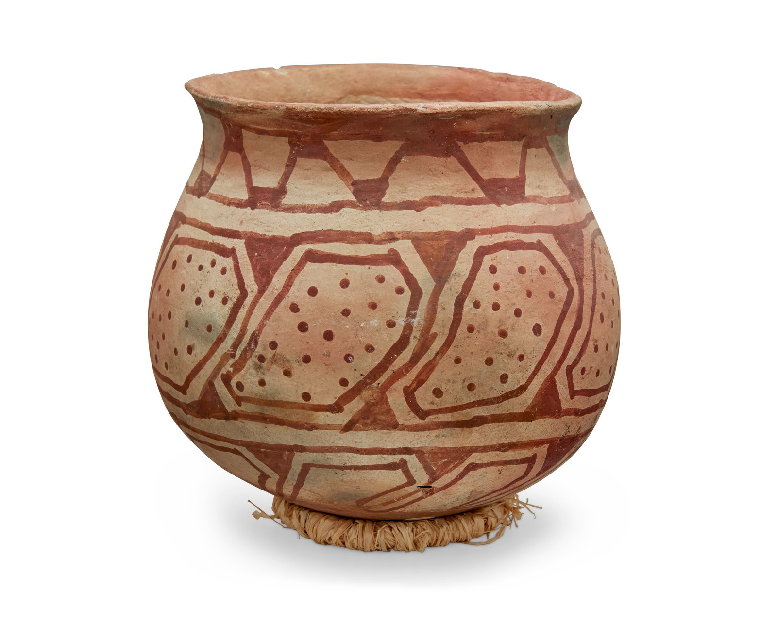 A large Mojave pottery jar: A large Mojave pottery beer jar Early 20th century, Southern California A tall red on buff globular olla jar with three bands of geometric motifs with rounded base 10.25" H x 10.5" Dia. Prov
