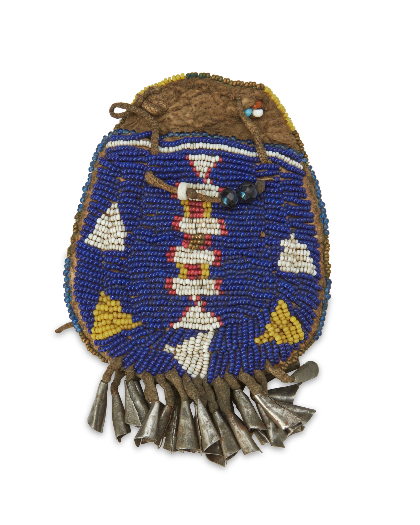 A Plains beaded hide "Strike-a-Light" bag: A Plains beaded hide "Strike-a-Light" bagLate 19th/early 20th centuryA brain-tanned hide bag with blue, white, yellow, and red beads and a tin cone fringe4.5" H x 3.25" W