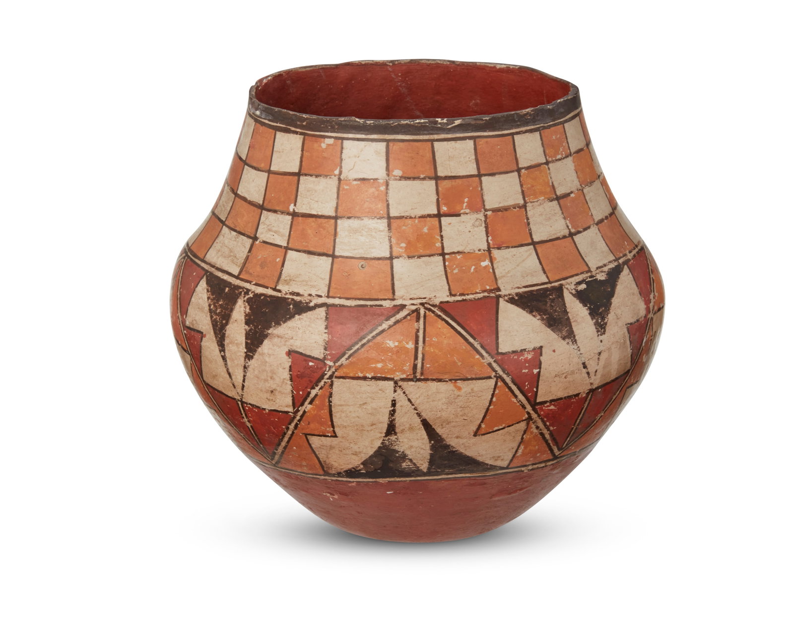 An Acoma Pueblo polychrome pottery olla: An Acoma Pueblo polychrome pottery olla Late 19th century A pottery jar with a checkerboard motif to rim and four-color geometric motifs below, with a recessed base 7.325" H x 8.5" Dia. Provenance: Pr