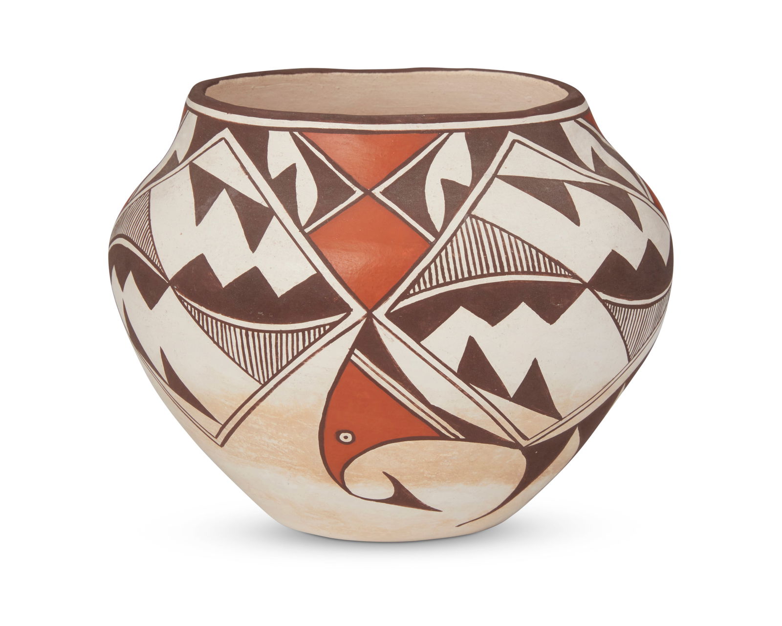 Marie Zieu Chino (1907-1982, Acoma Pueblo): Marie Zieu Chino (1907-1982, Acoma Pueblo)A polychrome pottery jar, mid/late 20th centurySigned to underside: Acoma N.M. / M. ChinoThe jar with red and brown avian and geometric motifs on white4.875&q