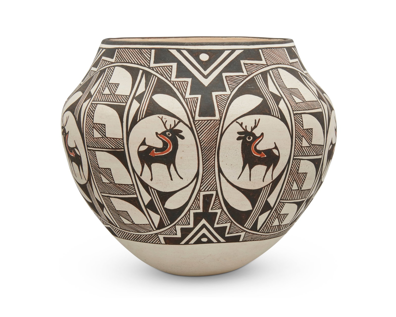 Rose Chino Garcia (1928-2000, Acoma Pueblo): Rose Chino Garcia (1928-2000, Acoma Pueblo) An Acoma polychrome pottery jar, Mid/late 20th century Signed to the underside: [cipher] / Rose Chino Garcia / Acoma, N.M. With a repeating heartline deer m
