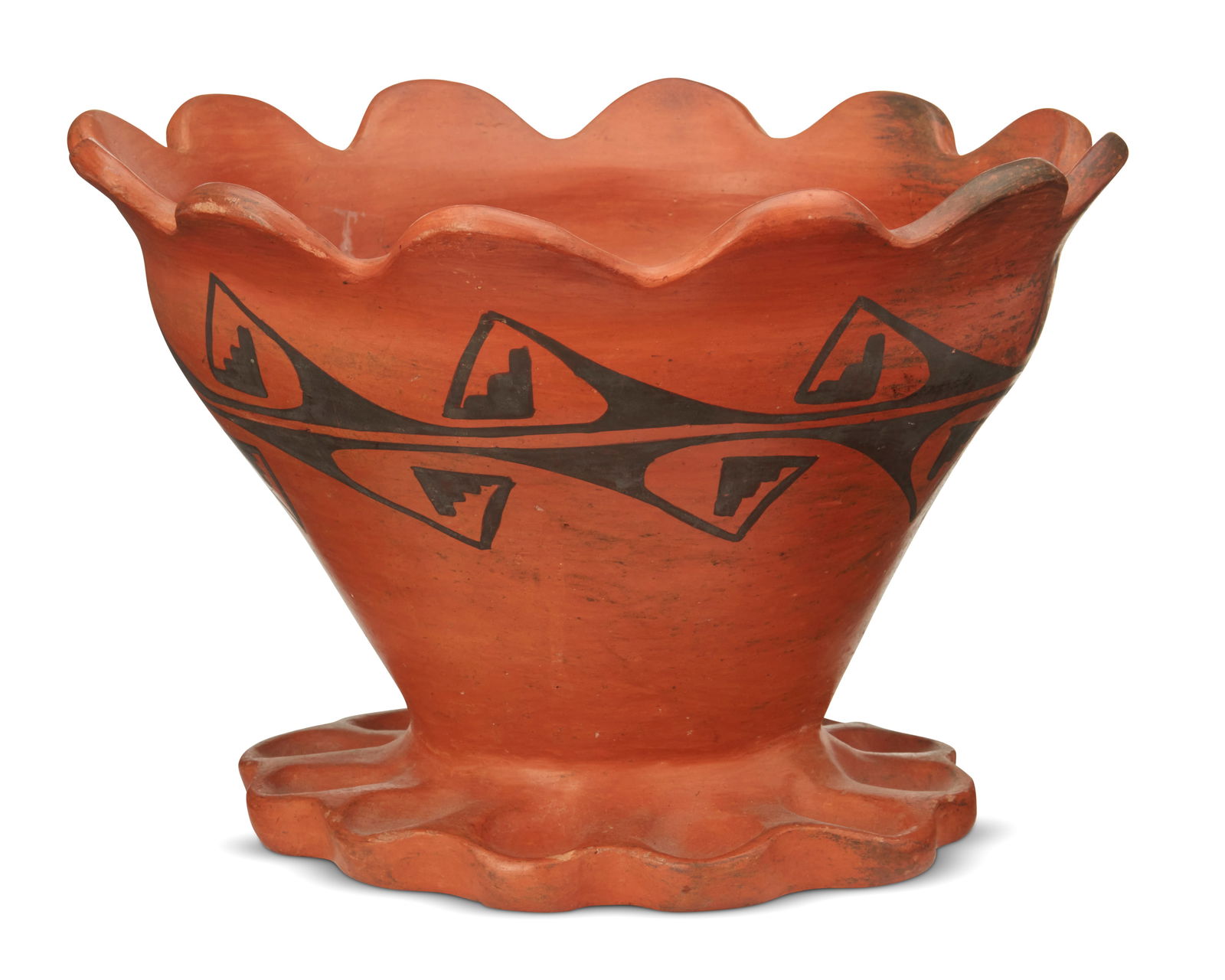 A Hopi Pueblo redware pottery bowl: A Hopi Pueblo redware pottery bowlMid-20th centuryA large Hopi tapered footed bowl with black key banding and crimped rim and foot6.5i H x 9.625i Dia. Provenance: Private Collection, Southern Californ