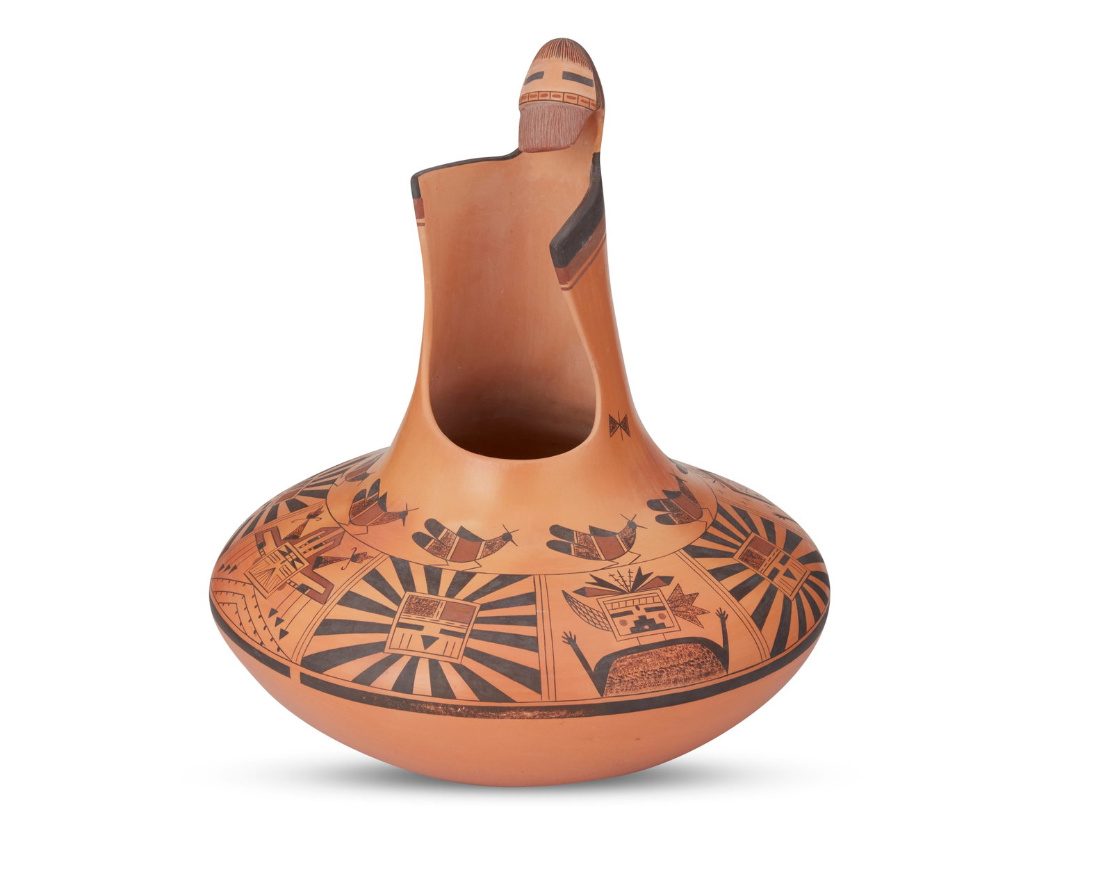Garrett Maho (b. 20th century, Hopi-Tewa Pueblo): Garrett Maho (b. 20th century, Hopi-Tewa Pueblo) A large Hopi Pueblo Kachina (katsina) bowl, early 21st century Signed to underside: Garrett Maho / -Hopi- The brown and black on terracotta wash bowl f