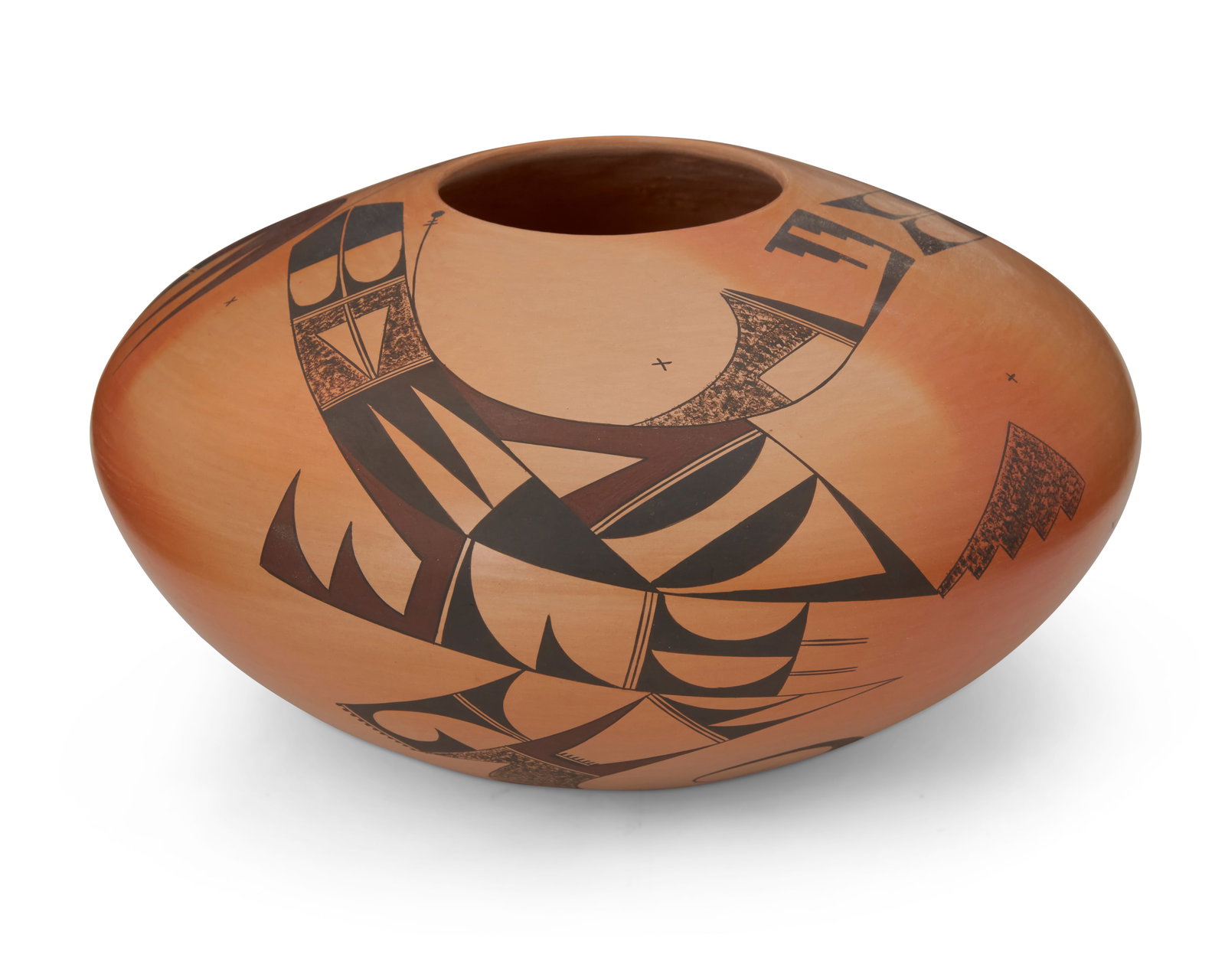 Karen Abeita (b. 1960, Hopi-Tewa Pueblo): Karen Abeita (b. 1960, Hopi-Tewa Pueblo) A Hopi seed pot, late 20th/early 21st century Signed to underside: Karen Abeita The pot with brown and black avian and geometric motifs on a terracotta wash gr