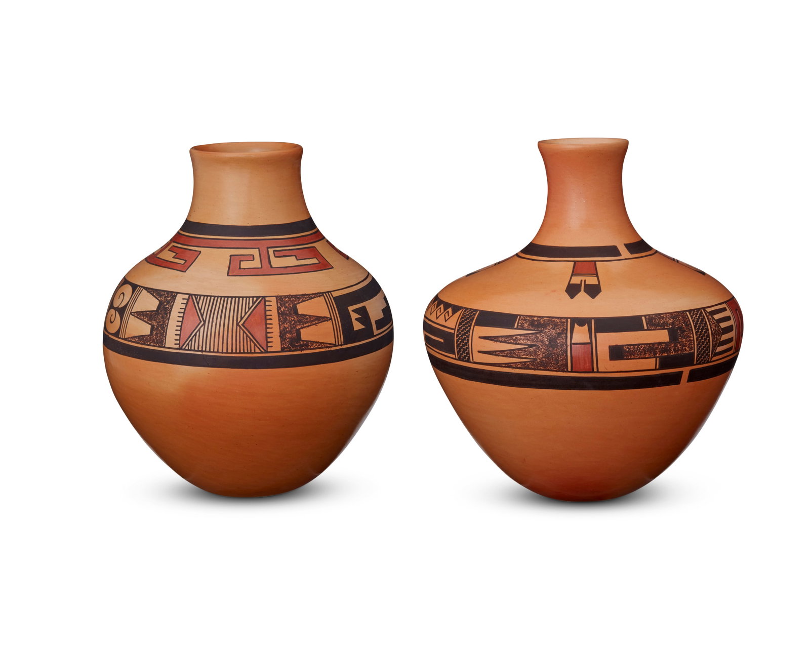 Gloria Mahle (b. 20th century, Hopi-Tewa Pueblo): Gloria Mahle (b. 20th century, Hopi-Tewa Pueblo) Two Hopi polychrome pottery vases, late 20th century Each signed to base: Gloria Mahle / [feather cipher] Comprising a tall neck jar with geometric ban