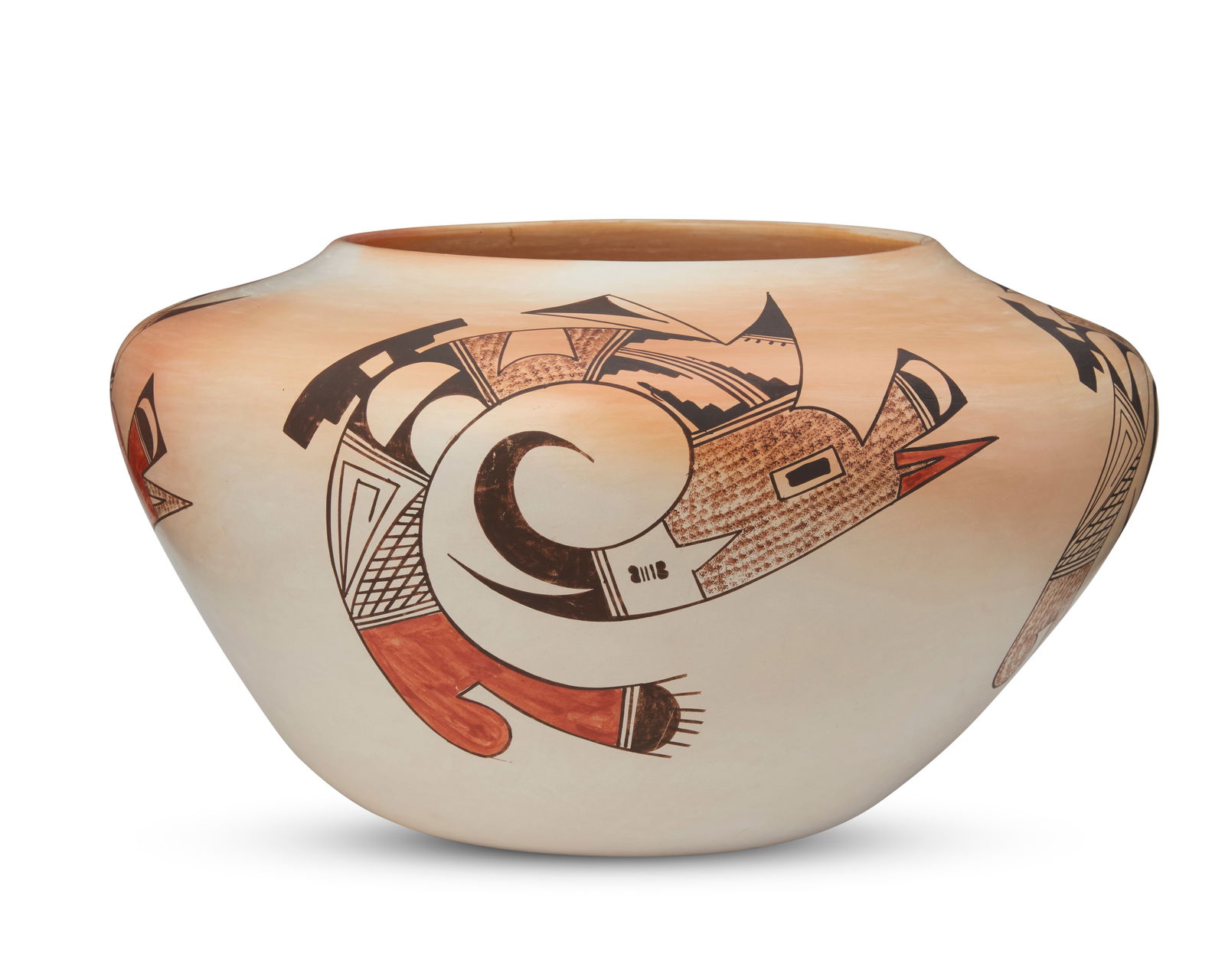 Eunice "Fawn" Navasie (1920-1992, Hopi Pueblo): Eunice "Fawn" Navasie (1920-1992, Hopi Pueblo )A large Hopi polychrome jar, mid/late 20th centurySigned to underside: FawnThe wide, flat-shouldered jar decorated with four brown and orange alternating