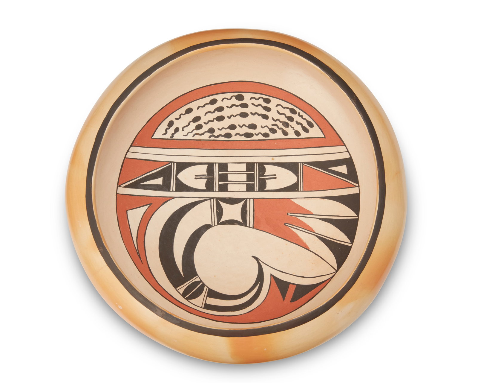 Larson Goldtooth (b. 1969, Hopi-Tewa Pueblo): Larson Goldtooth (b. 1969, Hopi-Tewa Pueblo) A large Hopi polychrome bowl, late 20th century Signed to base: Larson Goldtooth / Tewa-Hopi / [cipher] The low bowl with a tricolor avian motif to the int