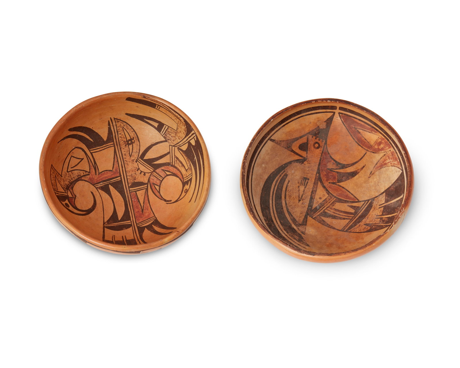 Two Hopi Pueblo polychrome pottery bowls: Two Hopi Pueblo polychrome pottery bowls Two works: Attributed to Zella Cheeda aka "Antelope Woman" (1901-1997, First Mesa, Hopi) An open pottery bowl, mid-20th century Unmarked The yellowwa