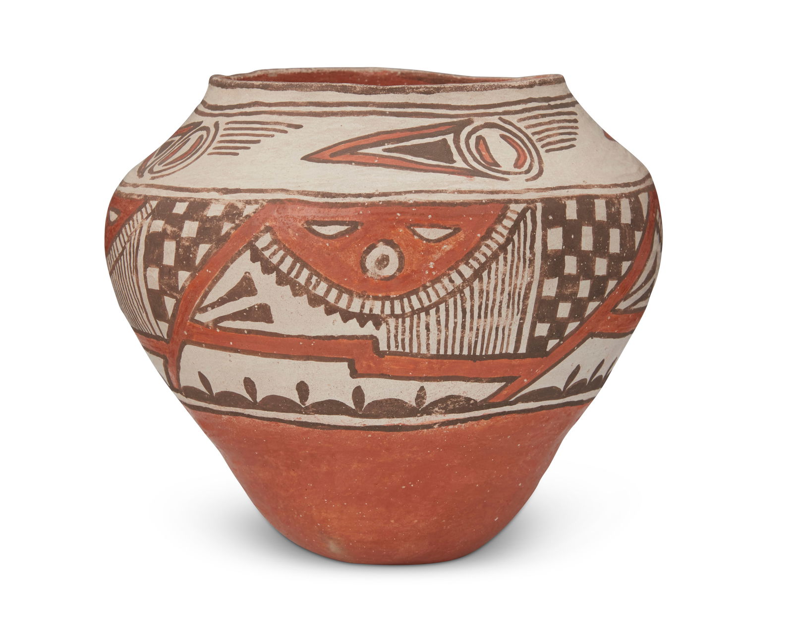 Eudora Montoya (1905-1996, Santa Ana Pueblo): Eudora Montoya (1905-1996, Santa Ana Pueblo)A Santa Ana polychrome pottery jar, mid-20th centurySigned to underside: Eudora Montoya / Santa Ana PuebloThe three-color brown and red on white buff jar wi