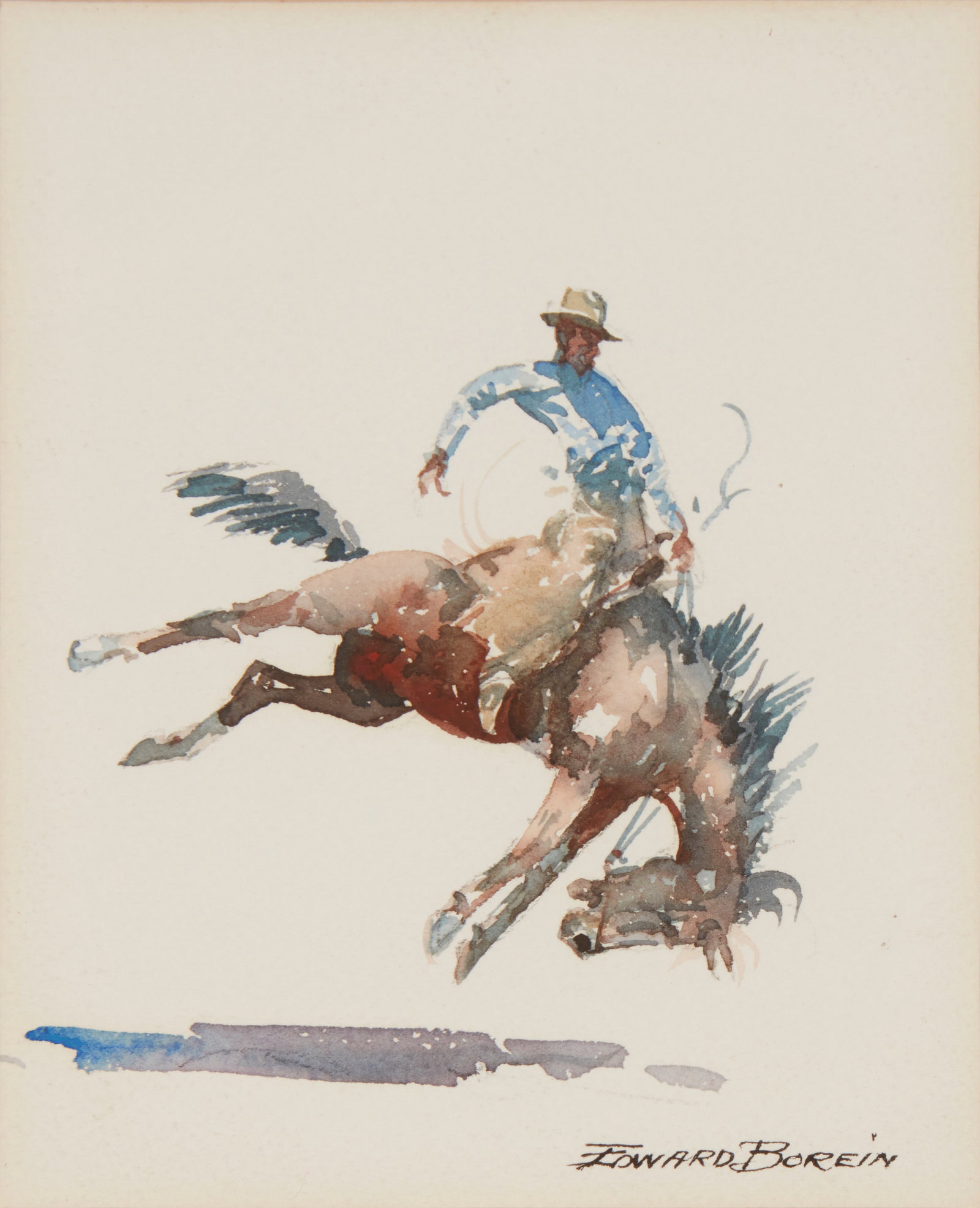 Edward Borein (1872-1945), "Cowboy with Blue Shirt on Bucking Bronc," Watercolor on paper, Sheet:: Edward Borein(1872-1945)"Cowboy with Blue Shirt on Bucking Bronc"Watercolor on paperSigned in India ink lower right: Edward Borein; titled on a label affixed to the frame's cardboard backing