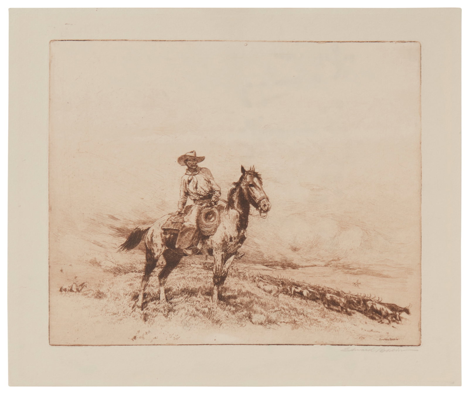 Edward Borein (1872-1945), "Trail Boss," Etching and drypoint in brown ink on paper, Plate: 8" H x: Edward Borein(1872-1945)"Trail Boss"Etching and drypoint in brown ink on paperSigned in pencil in the lower margin, at right: Edward Borein; first statePlate: 8" H x 8.5" W; Sight:
