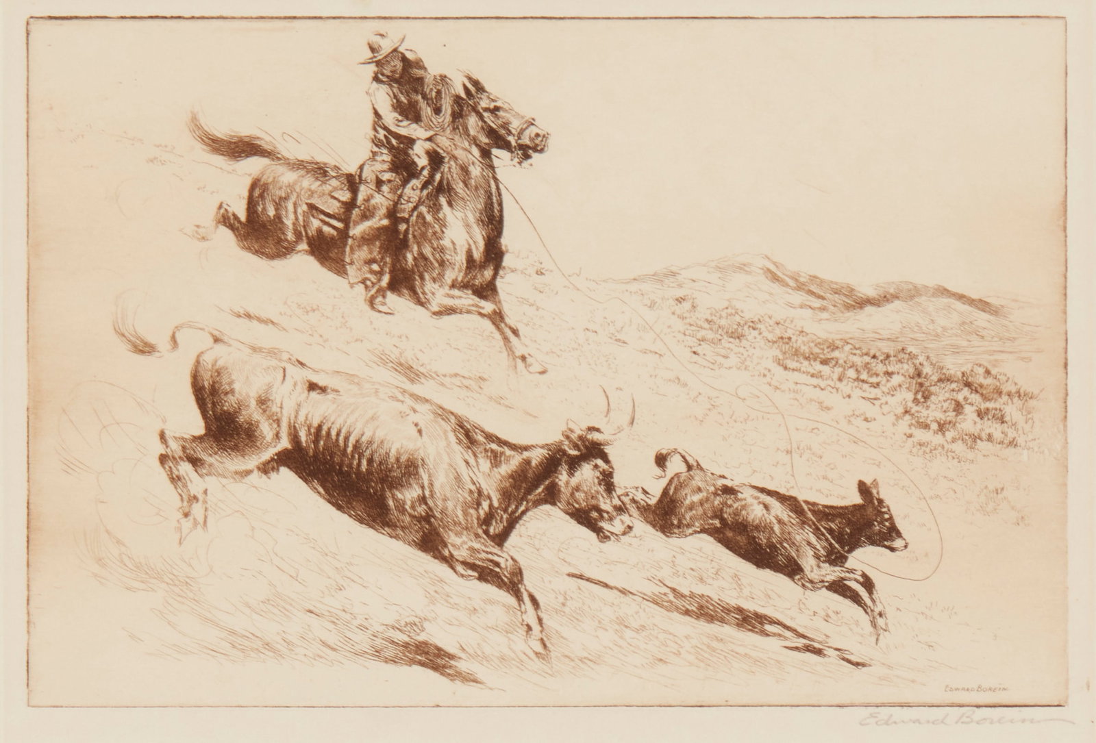 Edward Borein (1872-1945), "The Maverick," Etching and drypoint in brown ink on paper, Plate: 5.75": Edward Borein(1872-1945)"The Maverick"Etching and drypoint in brown ink on paperSigned in pencil in the lower margin, at right: Edward BoreinPlate: 5.75" H x 8.75" W; Sight: 6.375&