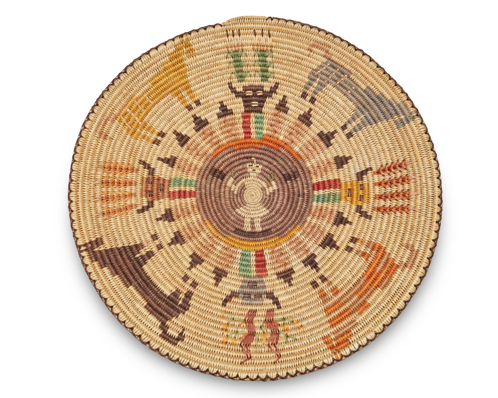 Lorraine Black (b. 1970, DinE): Lorraine Black (b. 1970, DinE) A large polychrome Navajo pictorial basket, 2004 A coiled "Sandpainting" pictorial tray basket with four horses, directional figures, corn, squash, and arrows,