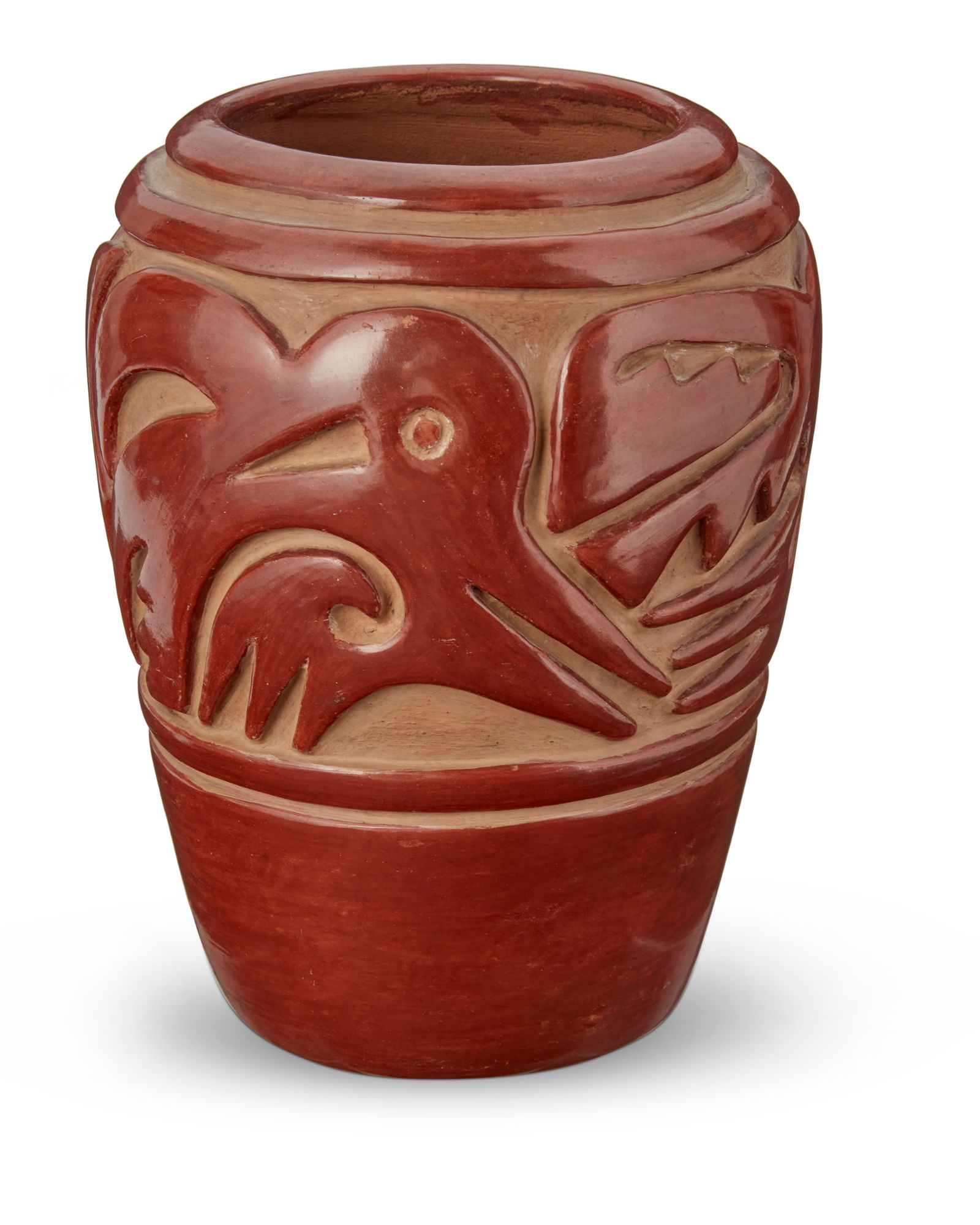 Margaret Tafoya (1904-2001, Santa Clara Pueblo): Margaret Tafoya (1904-2001, Santa Clara Pueblo)A carved Santa Clara redware pottery vase, mid/late 20th centurySigned to base: Margaret Tafoya / Santa ClaraA tall carved jar with an avian motif9"