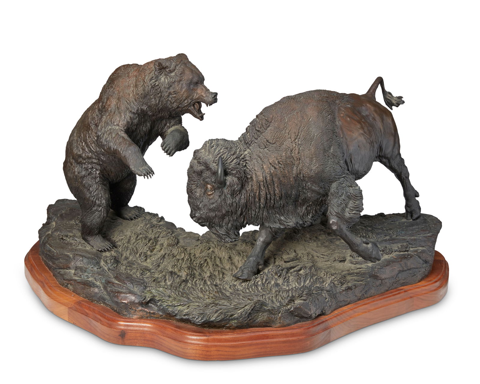 Barbara Peets (b. 1943), "Duel of Kings," Patinated bronze on a wood base, 17.5" H x 33" W x 16" D;: Barbara Peets(b. 1943)"Duel of Kings"Patinated bronze on a wood baseEdition: 13/20Signed, titled, and numbered in the casting: (C) b peets17.5" H x 33" W x 16" D; with base: 1