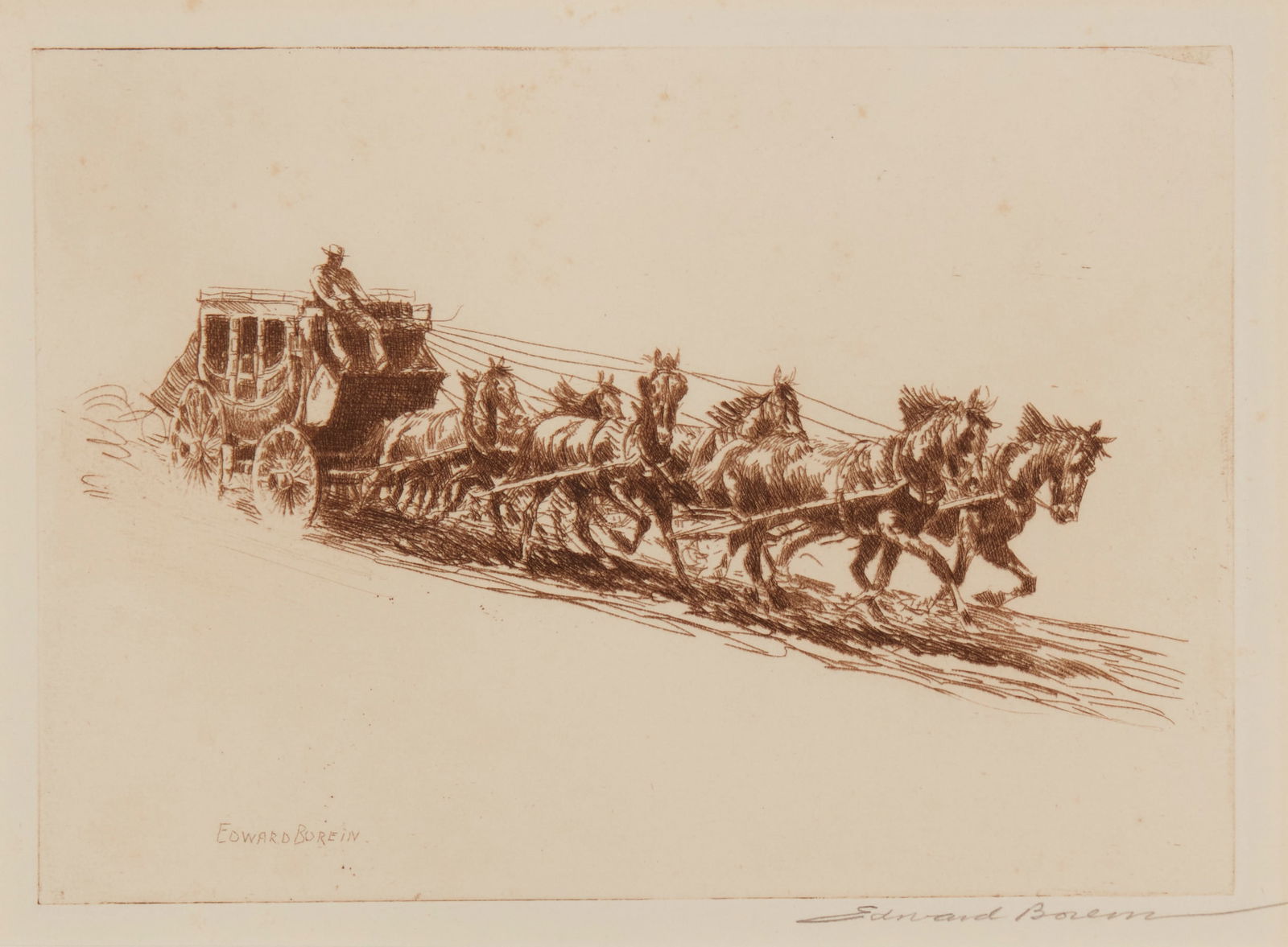 Edward Borein (1872-1945), "Concord Coach," Etching and drypoint in brown ink on paper, Plate:: Edward Borein(1872-1945)"Concord Coach"Etching and drypoint in brown ink on paperSigned in pencil in the lower margin, at right: Edward BoreinPlate: 4.875" H x 6.875" W; Sight: 5.5