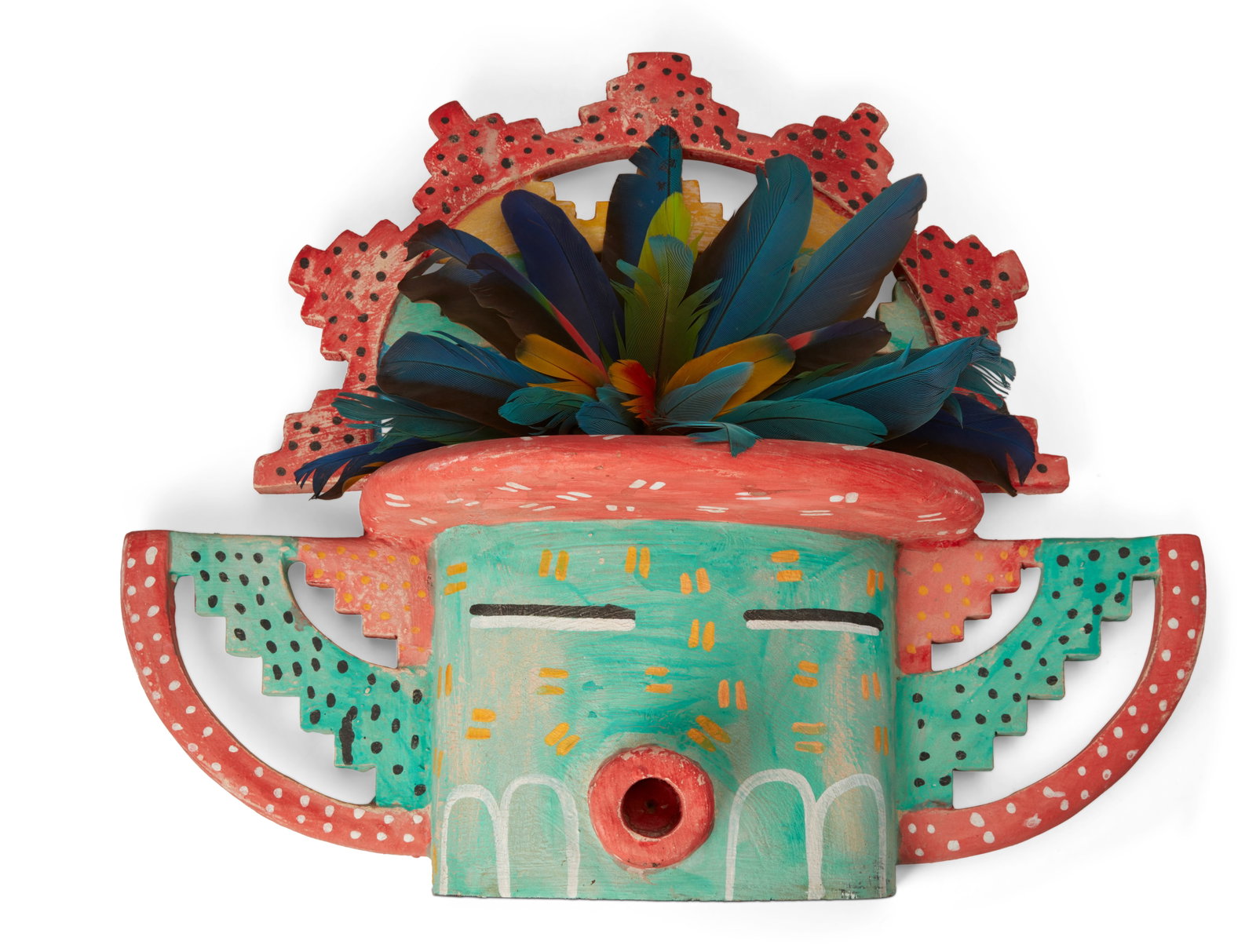 Gregory Lomayesva (b. 1971): Gregory Lomayesva (b. 1971) A Hopi Shalako-style katsina mask, 2007 Signed verso: Lomayesva / 07 A polychrome painted wood mask in green and red with an openwork tableta headdress and multicolored fea