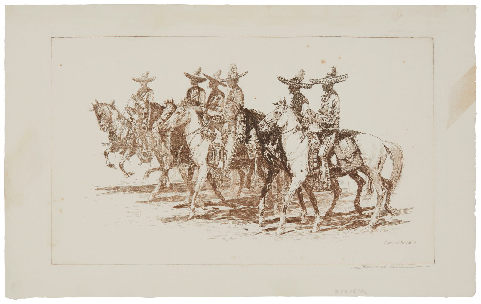 Edward Borein (1872-1945), "Los Charros," Etching and drypoint in brown ink on laid paper, watermark: Edward Borein(1872-1945)"Los Charros"Etching and drypoint in brown ink on laid paper, watermark F.J Head & Co.Signed in pencil in the lower margin, at right: Edward BoreinPlate: 9'' H x 14.8