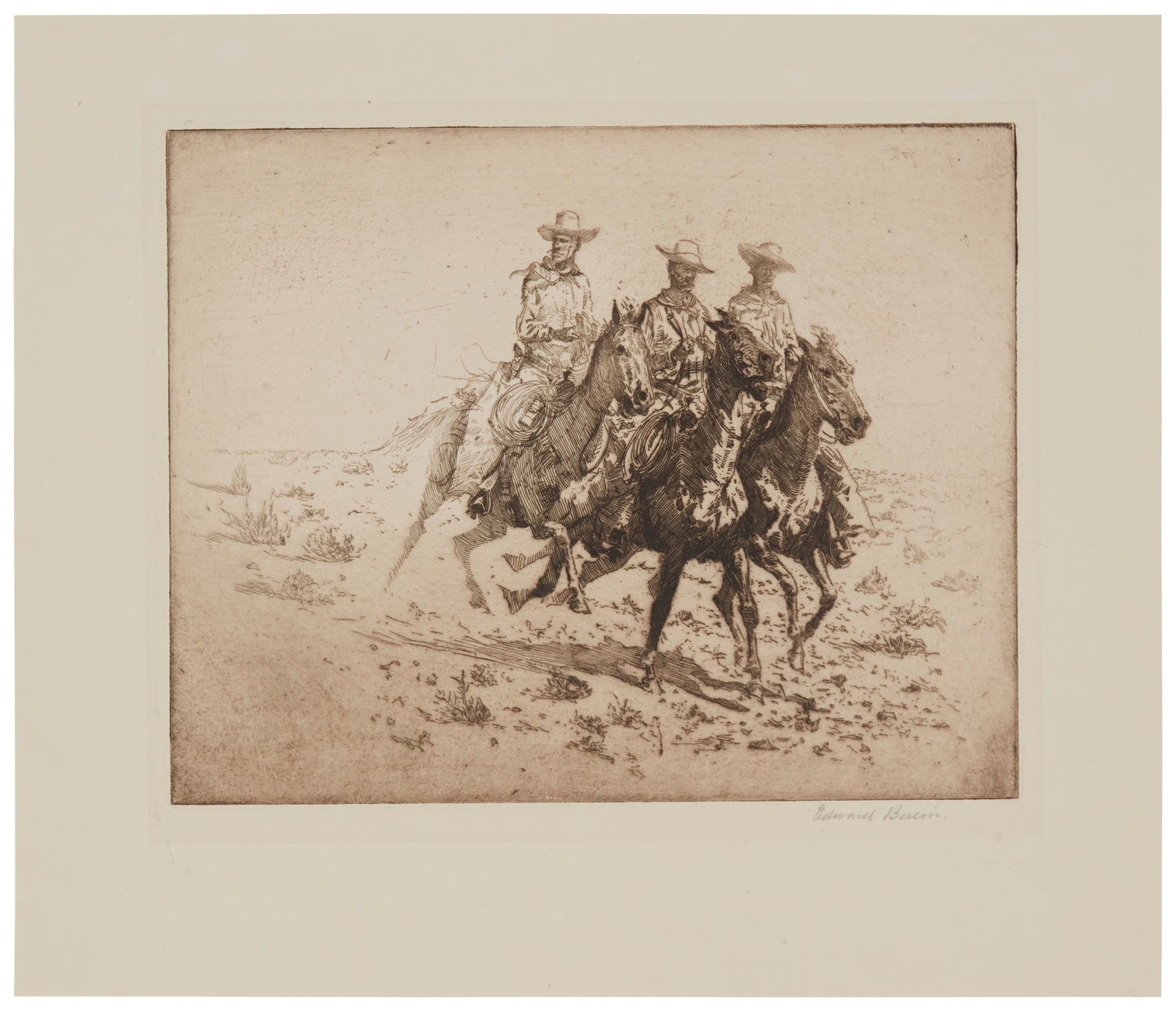 Edward Borein (1872-1945), "Going to Town No. 2," Etching and drypoint in brown ink on wove paper,: Edward Borein(1872-1945)"Going to Town No. 2"Etching and drypoint in brown ink on wove paperSigned in pencil in the lower margin, at right: Edward BoreinPlate: 8" H x 9.875" W; She