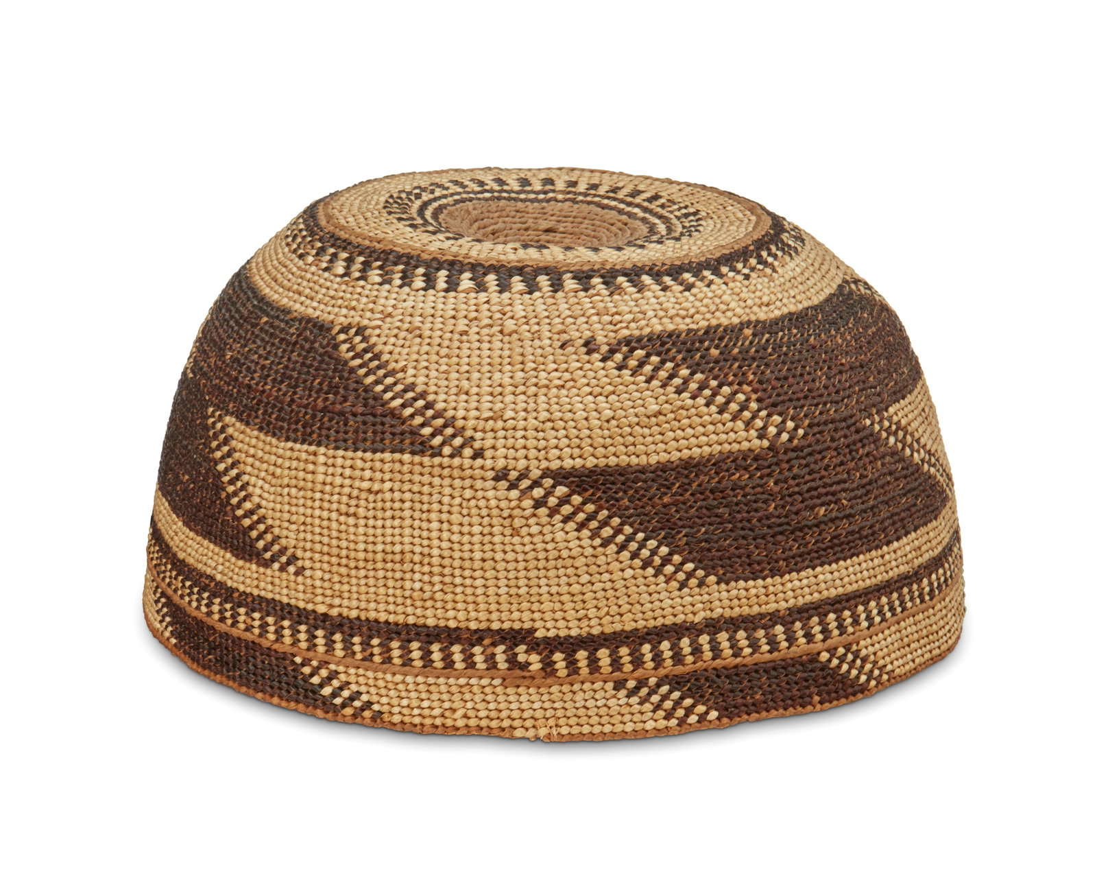 A polychrome Hupa/Yurok/Karuk basketry hat: A polychrome Hupa/Yurok/Karuk basketry hat Early 20th century; Northern California A twined basket hat with stepped geometric motifs and banded rim 3.375" H x 6.875" Dia.