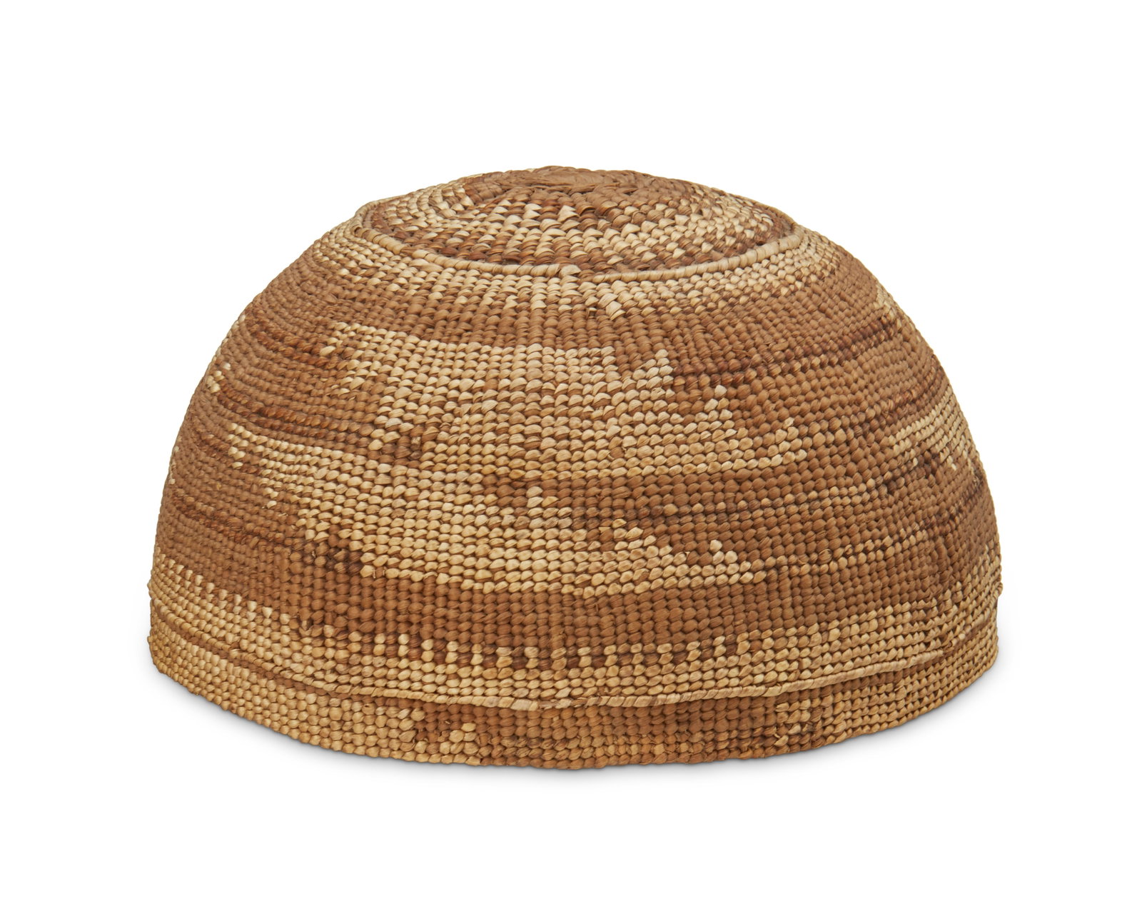 A polychrome Whilkut basketry hat: A polychrome Whilkut basketry hat Late 19th/early 20th century; Northern California A twined basket hat with three stepped geometric motifs and banded rim 4' H x 6.875" Dia. Other Notes: The step