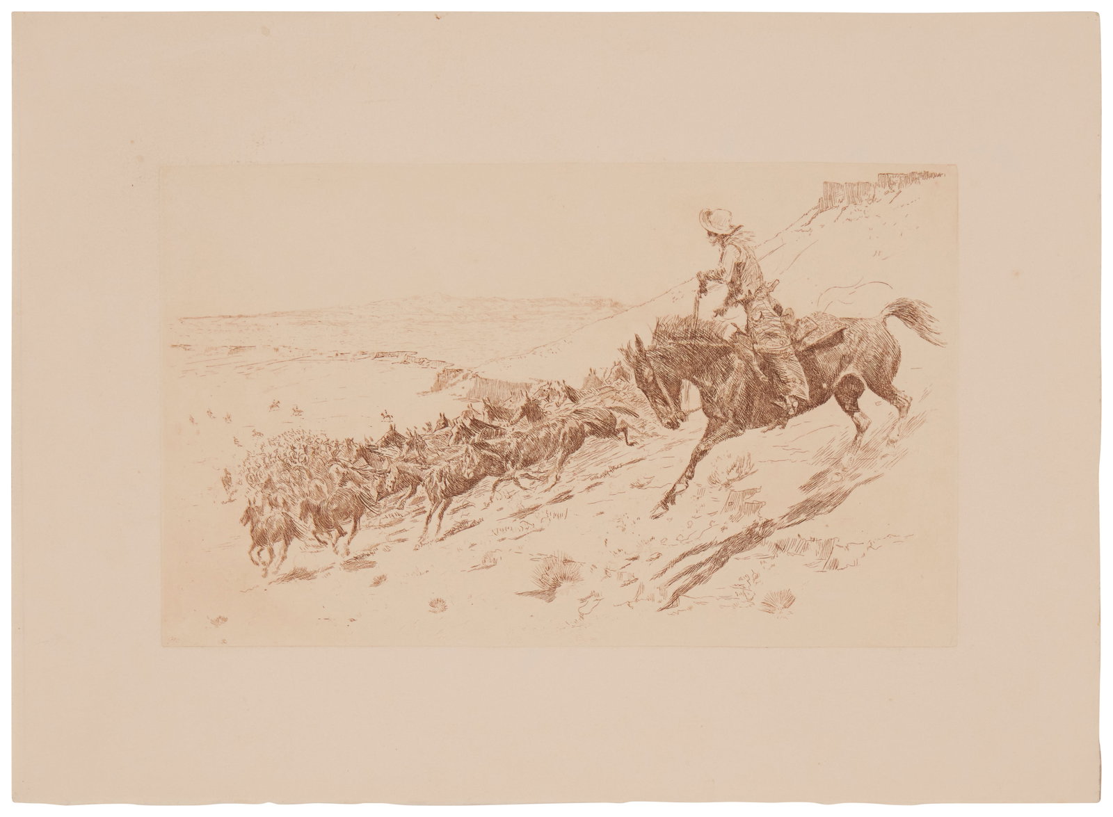 Edward Borein (1872-1945), "Running Wild Horses," Etching on paper, Plate: 6.75" H x 11" W; Sheet:: Edward Borein(1872-1945)"Running Wild Horses"Etching and drypoint in brown ink on paperUnsignedPlate: 6.75" H x 11" W; Sheet: 11" H x 15" W Literature: Galvin 49