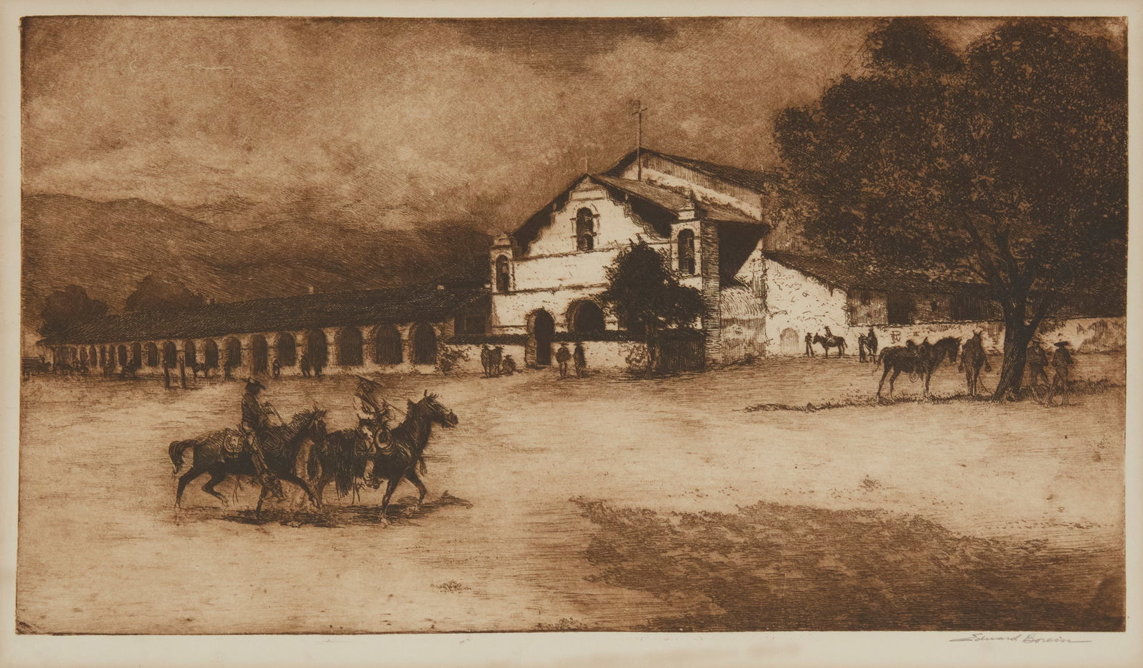 Edward Borein (1872-1945), "Mission San Antonio de Padua, No. 2," Etching and drypoint in brown ink: Edward Borein(1872-1945)"Mission San Antonio de Padua, No. 2"Etching and drypoint in brown ink on wove paperSigned in pencil in the lower margin, at right: Edward Borein; third (final) state