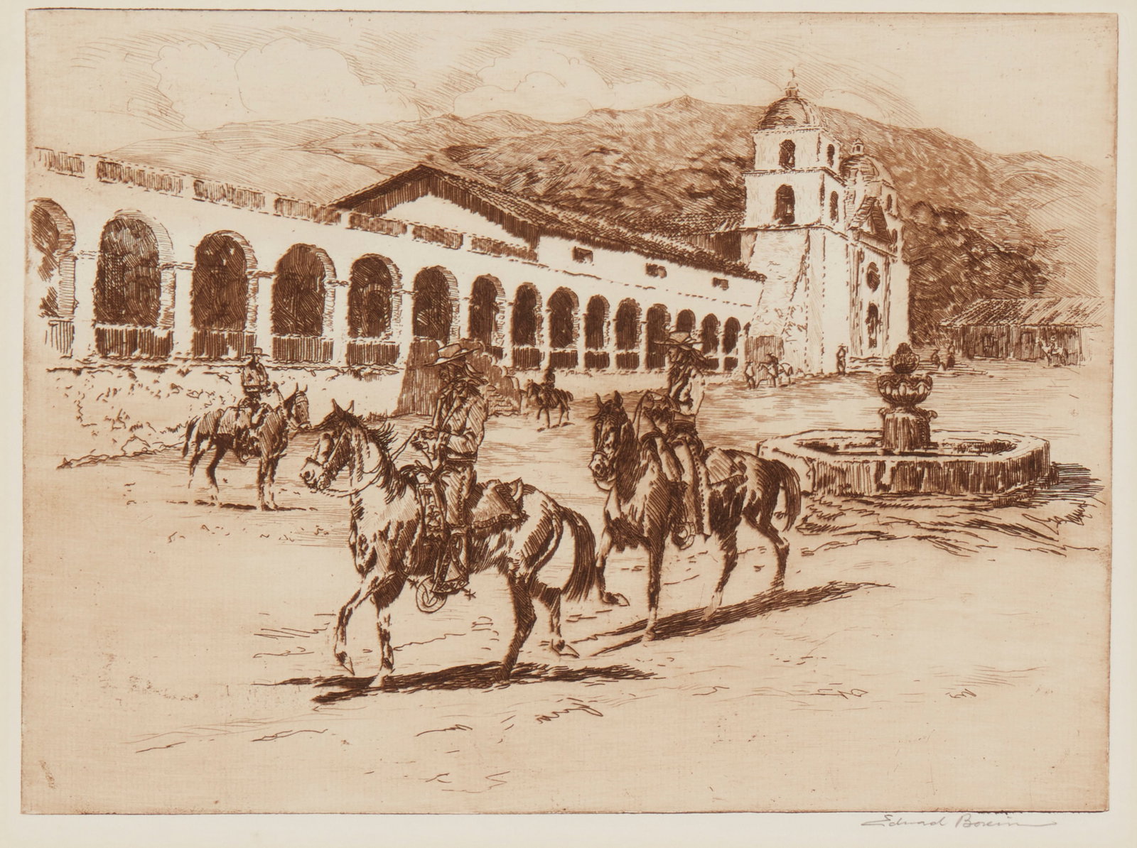 Edward Borein (1872-1945), "Mission Santa Barbara No. 2," Etching and drypoint in brown ink on wove: Edward Borein(1872-1945)"Mission Santa Barbara No. 2"Etching and drypoint in brown ink on wove paperSigned in pencil in the lower margin, at right: Edward BoreinPlate: 7.75" H x 10.75&q