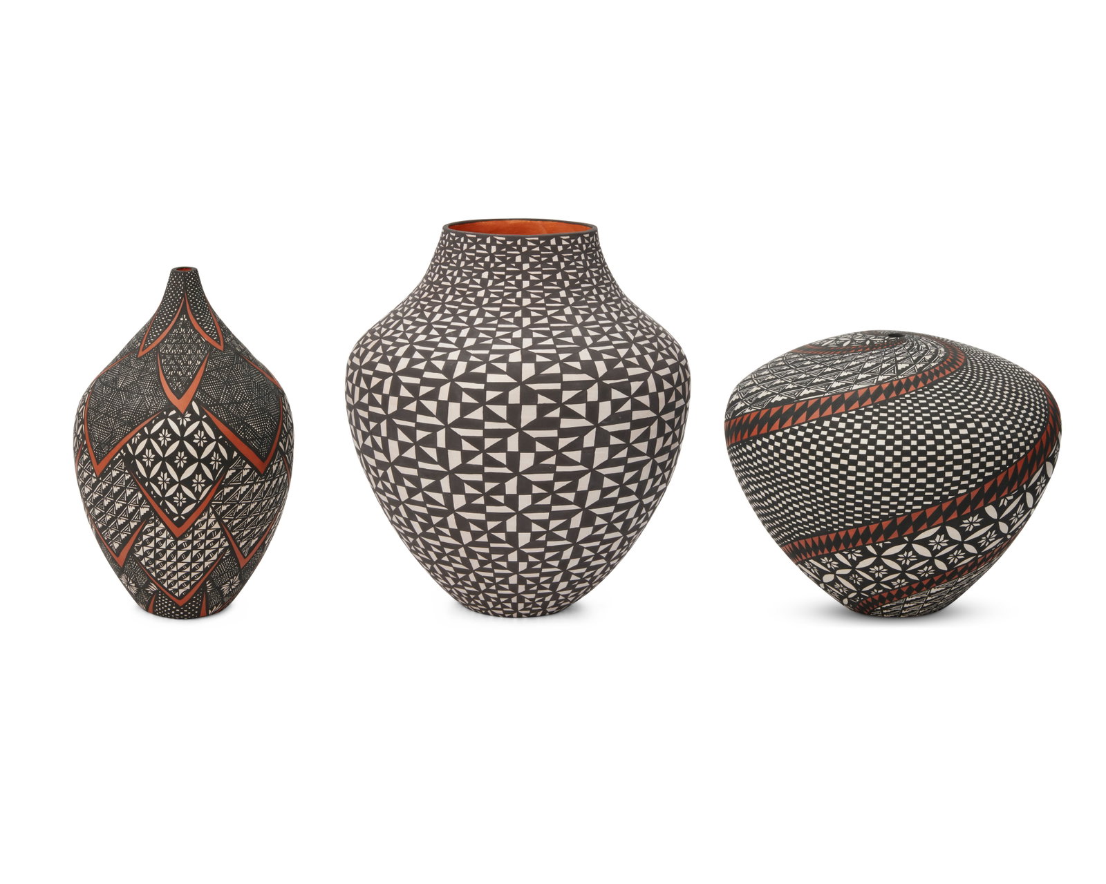 Sandra Victorino (b. 1958, Acoma Pueblo): Sandra Victorino (b. 1958, Acoma Pueblo) Three Acoma pottery vessels, early 21st century Each signed: Sandra Victorino; one further marked: Acoma N.M. Comprising a seed pot with allover fineline geome