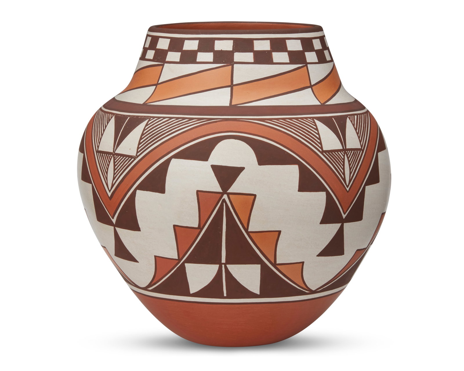 Gladys Sratyu'we Paquin (1936-2020, Laguna Pueblo): Gladys Sratyu'we Paquin (1936-2020, Laguna Pueblo) A Laguna polychrome pottery olla jar, late 20th/early 21st century Signed to underside: Sratyu'we / G. Paquin / Laguna The jar with a banded checkere