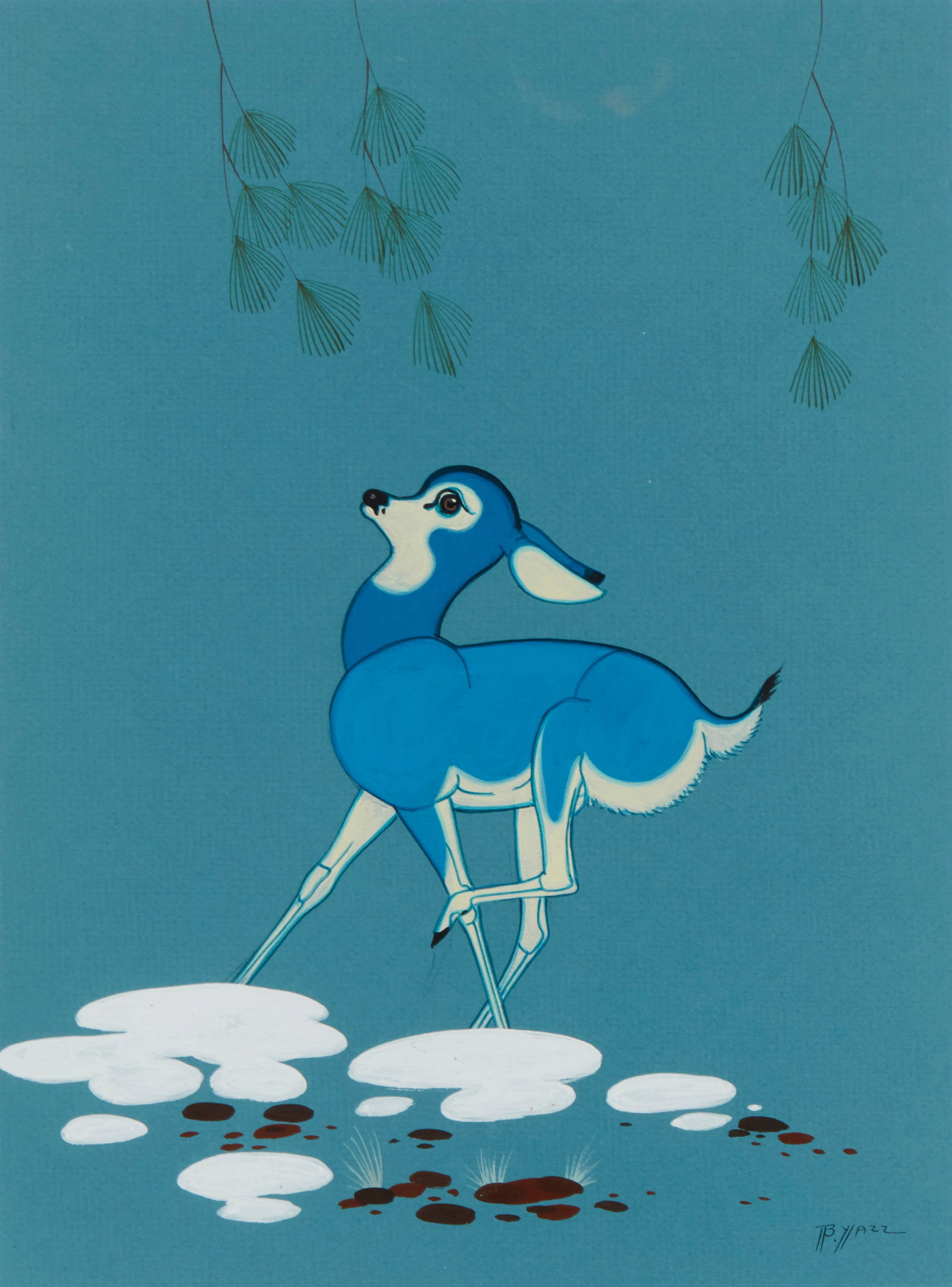 Beatien Yazz (1928-2012, Dine), Deer in a landscape, Gouache on blue paper, Sight: 14.5" H x 11" W: Beatien Yazz (1928-2012, Dine) Deer in a landscape Gouache on blue paper Signed lower right: B. Yazz Sight: 14.5" H x 11" W