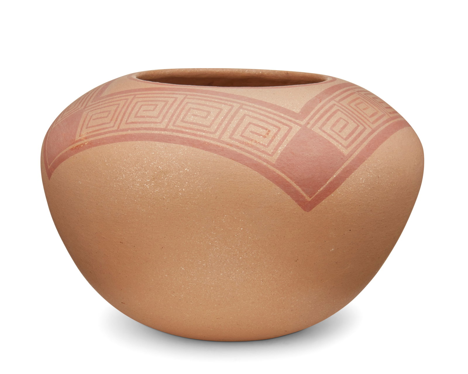 Lonnie Vigil (b. 1949, NambE Pueblo): Lonnie Vigil (b. 1949, NambE Pueblo) A NambE micaceous pottery seed jar, late 20th/21st century Signed to base: Lonnie Vigil / NambE Pueblo A large seed jar with red painted geometric key motif to sho