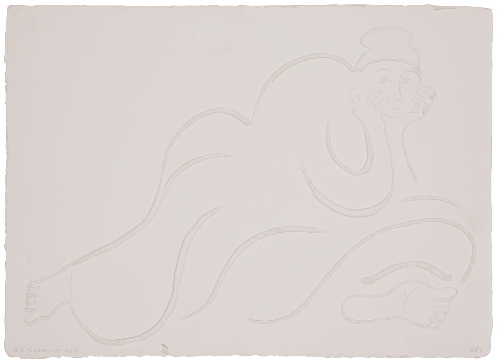 R.C. Gorman (1932-2005, Navajo/Dine), "Flowing Navajo," 1980, Cast paper relief on thick paper,: R.C. Gorman (1932-2005, Navajo/Dine) "Flowing Navajo," 1980 Cast paper relief on thick paper Edition: Editions press impressions, aside from the regular edition of unknown size Signed, dated