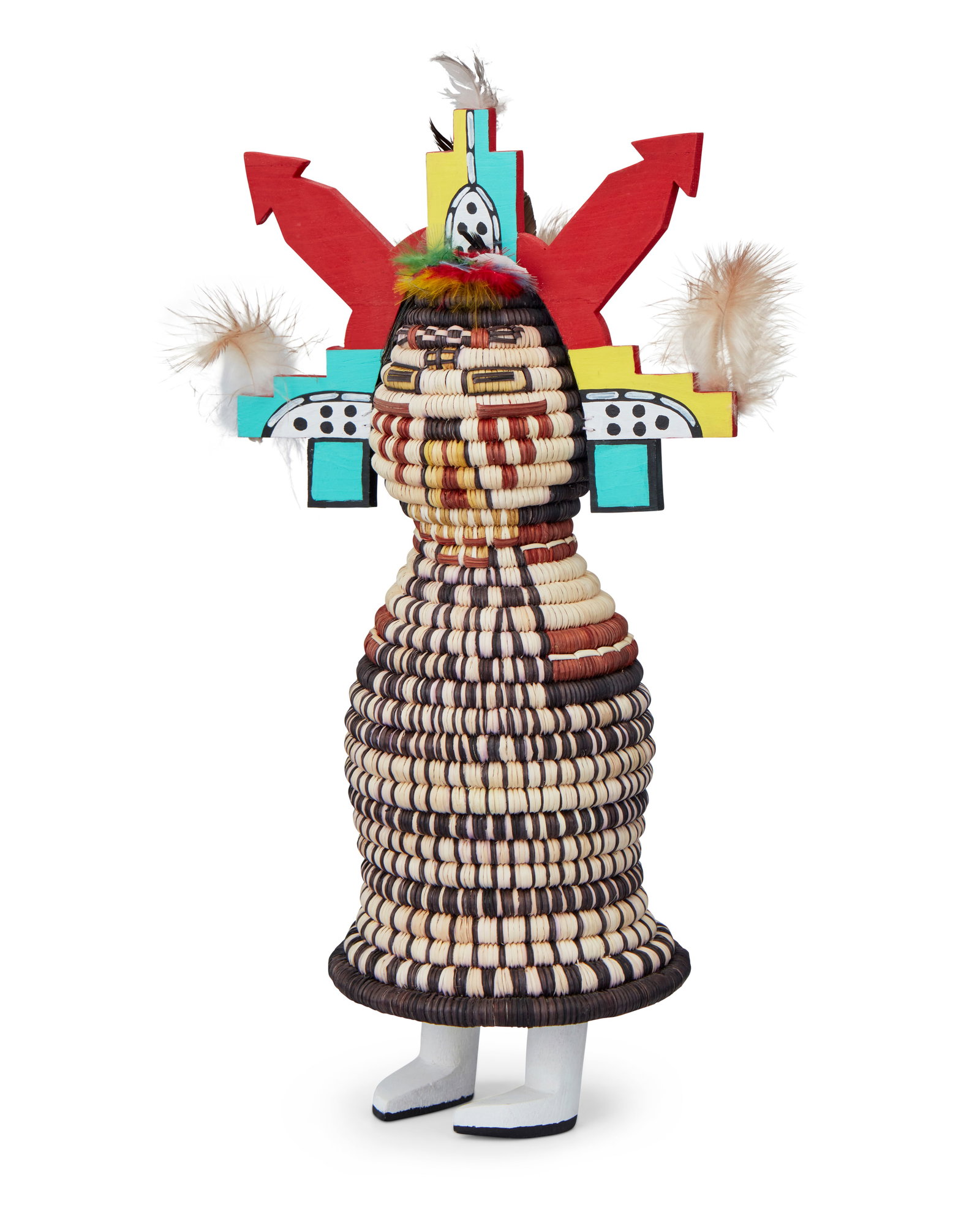Alicia D. Adams (b. 20th century, Hopi Pueblo): Alicia D. Adams (b. 20th century, Hopi Pueblo) A polychrome Hopi Second Mesa basketry figure, late 20th/21st century Signed to base: Alicia D. Adams / Second Mesa / AZ A coiled basketry "Salako M