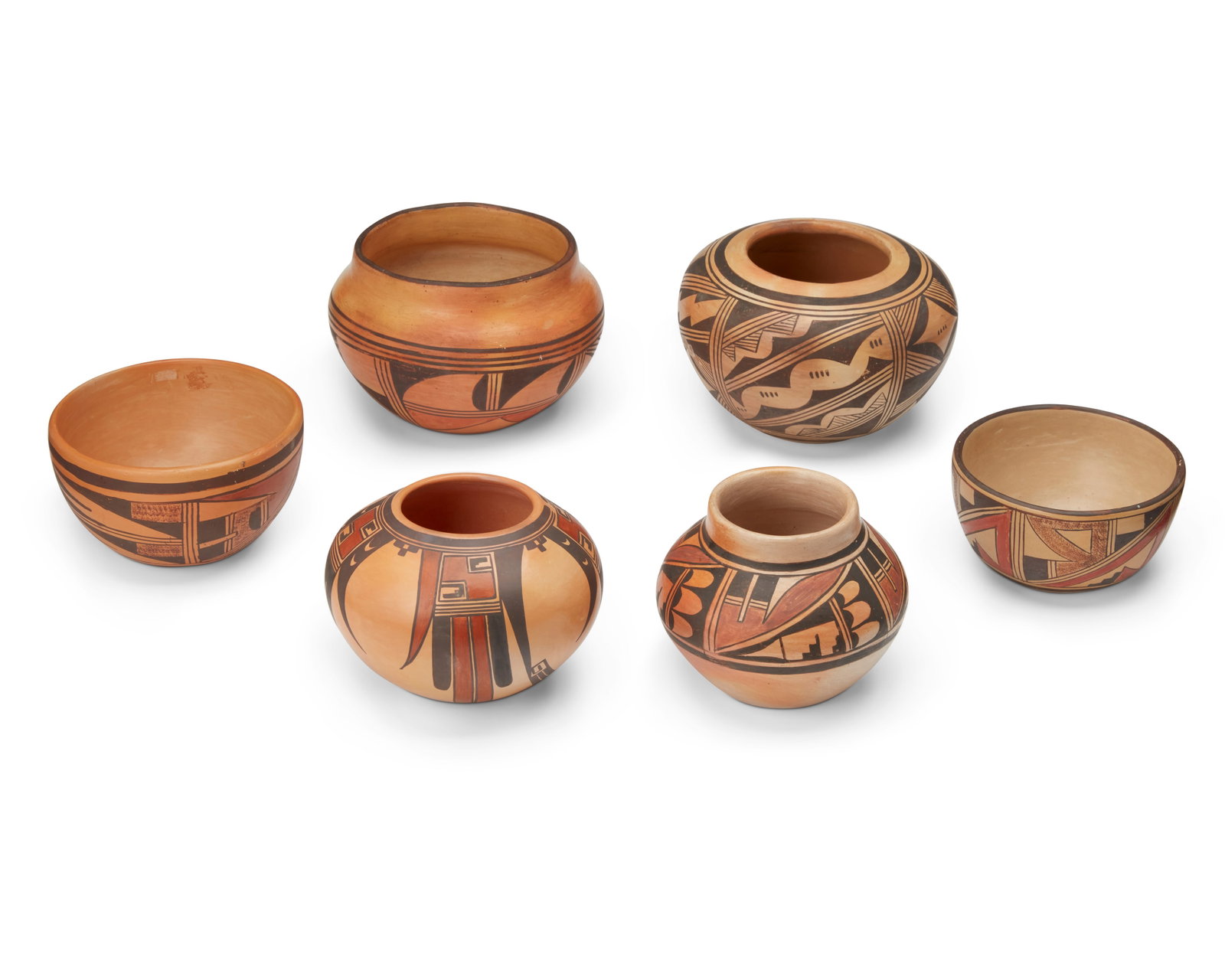 A group of Hopi Pueblo pottery: A group of Hopi Pueblo pottery Six works: Sarah Collateta (1921-2004, Hopi-Tewa Pueblo) Two Hopi Pueblo pottery bowls, mid-20th century Each signed to base: SCC Each polychrome yellow ware bowl with b