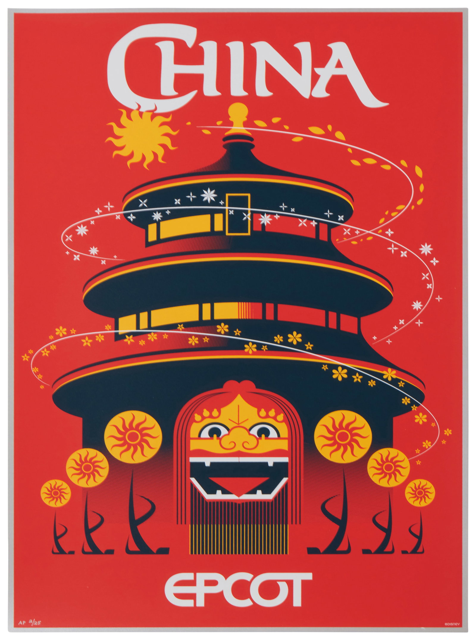 Eric Tan and Stacey Aoyama, "EPCOT 40 - China," 2019, Screenprint in colors on metallic silver: Eric Tan and Stacey Aoyama, "EPCOT 40 - China," 2019 Screenprint in colors on metallic silver paper Edition: AP 2/25 (aside from the edition of 100 on the same paper) Unsigned; numbered in i