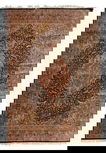 A Pakistani area rug: A Pakistani area rug21st centuryThe washed wool and silk on cotton foundation rug with foliate motifs in earth tones surrounding a central medallion on a dark navy blue ground11' 9" L x 9' 2"