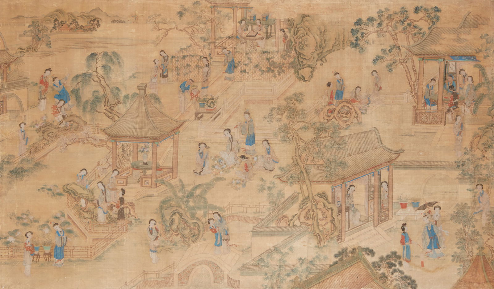 Chinese School (18th/19th century), Chinese Village Scene, oil and drybrush on silk (1 of 7)