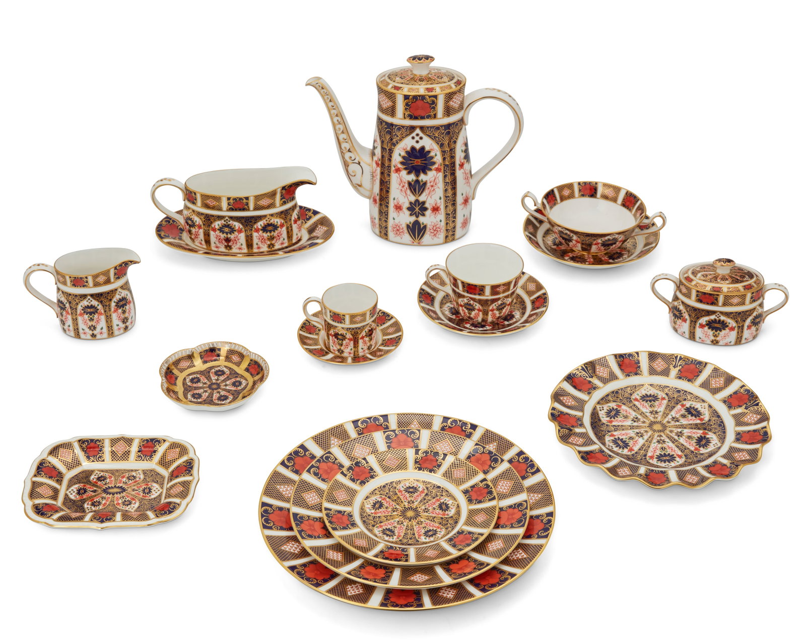 A Royal Crown Derby "Old Imari" bone china dinner service: A Royal Crown Derby "Old Imari" bone china dinner service 1980s/90s Each backstamped with various date marks and further marked: Royal Crown Derby / English Bone China / [logo with crown] / 