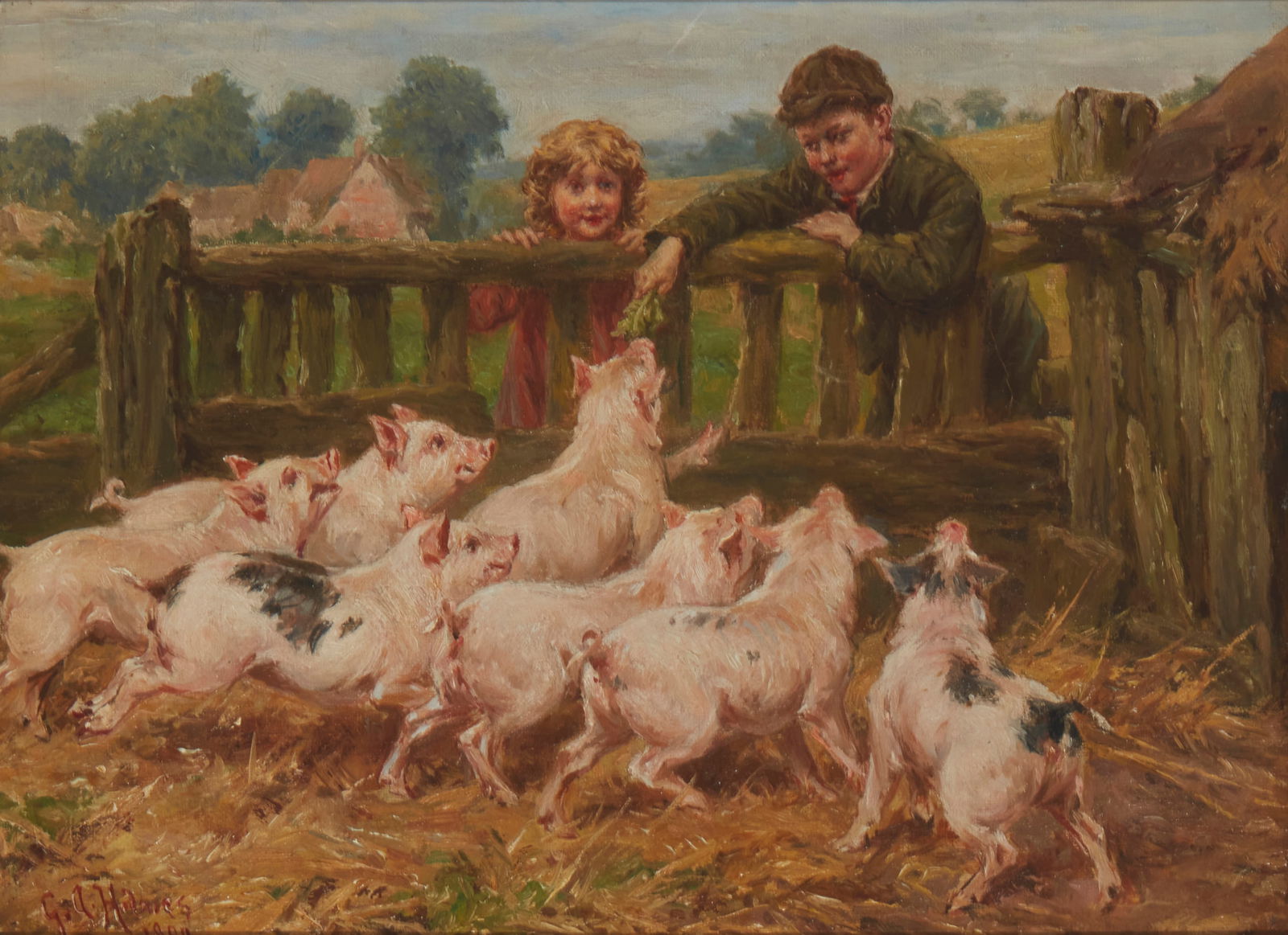 George Augustus Holmes (1822-1911), Children at a pig pen, 1900, Oil on canvas, 10.25" H x 14" W (1 of 8)