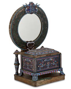 A Russian cloisonnE enamel vanity box: A Russian cloisonnE enamel vanity boxLate 19th/early 20th century; Moscow RussiaStamped for maker to the right side in CyrillicIn the style of Gustav Klingert, the silver footed casket with a hinged l