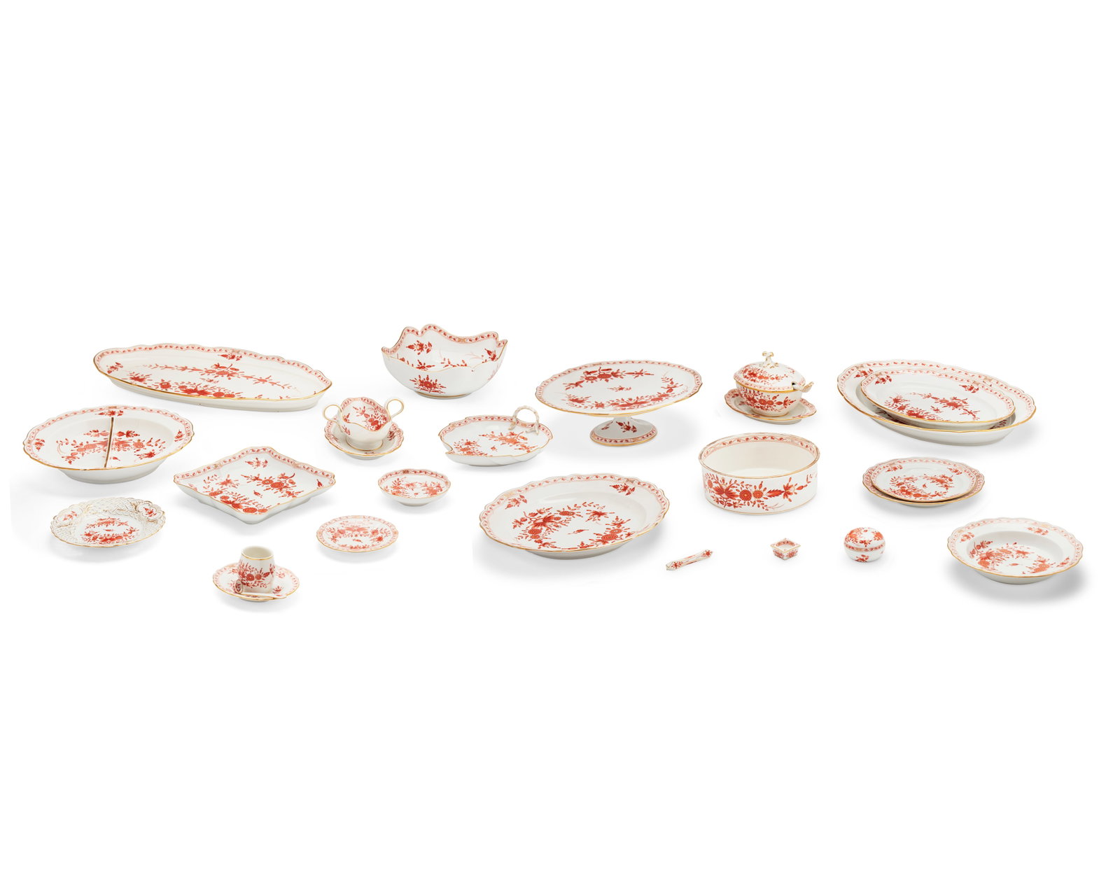 A Meissen "Indian" rust red porcelain dinner service: A Meissen "Indian" rust red porcelain dinner service 20th century Each marked for Meissen (two crossed swords) and further marked with various press numbers The floral and foliate design wit