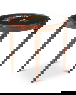 A pietre dura side table: A pietre dura side table20th centuryThe maple wood circular table with black stone top with inlaid cut stones depicting a bird and flowers, set on four tapered turned wood legs19" H x 19.125"