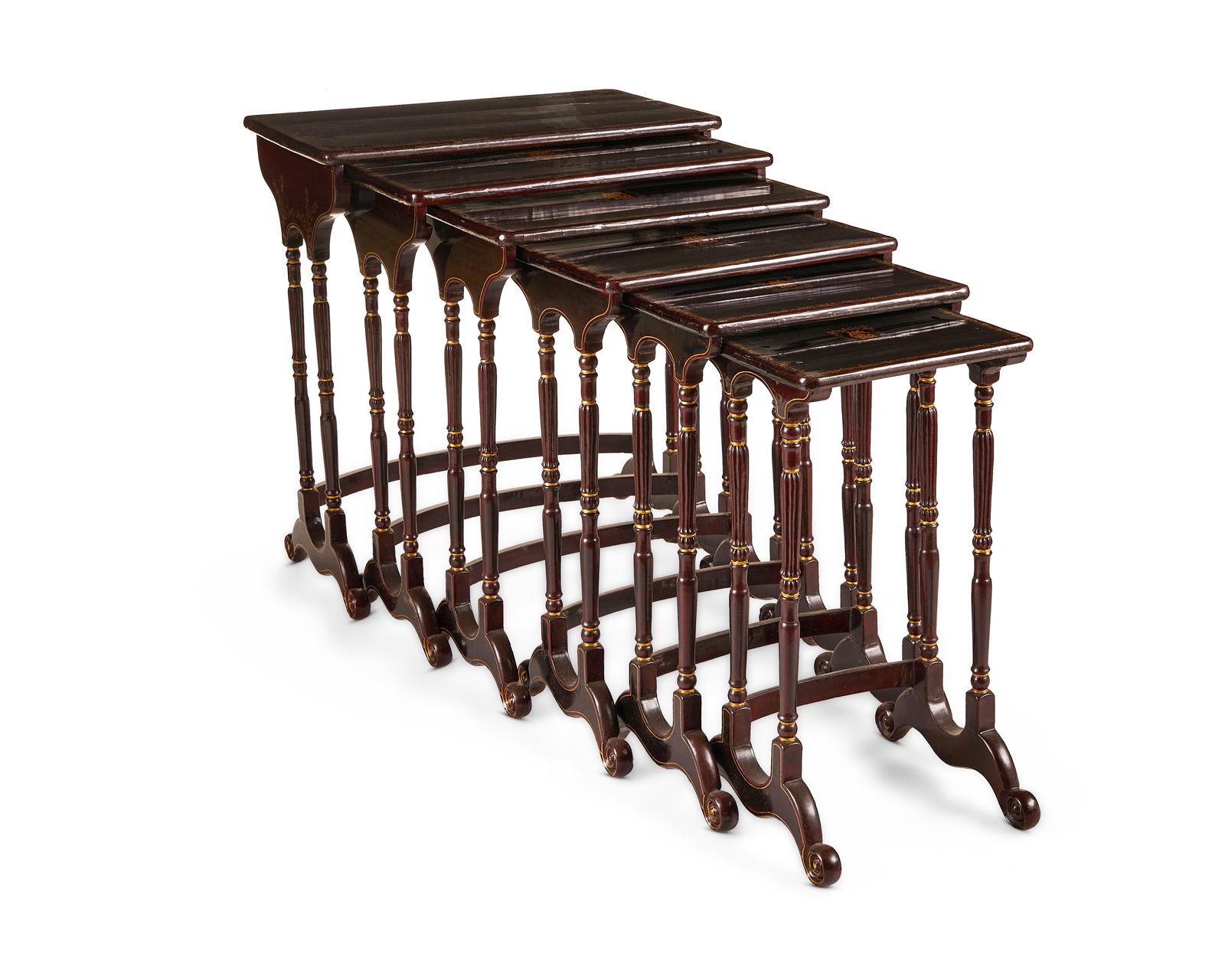 A set of Regency-style japanned nesting tables: A set of Regency-style japanned nesting tablesEarly/mid-20th centuryEach black lacquered wood graduated nesting table decorated with painted bamboo motif and set on turned wood and carved legs with gi