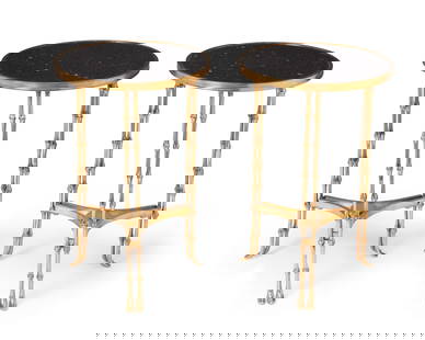 A pair of marble and brass side tables: A pair of marble and brass side tablesMid/late-20th centuryEach appears unmarkedThe tables with an inset black composite stone top surmounting three double bamboo-form bronze legs joined by a stretche