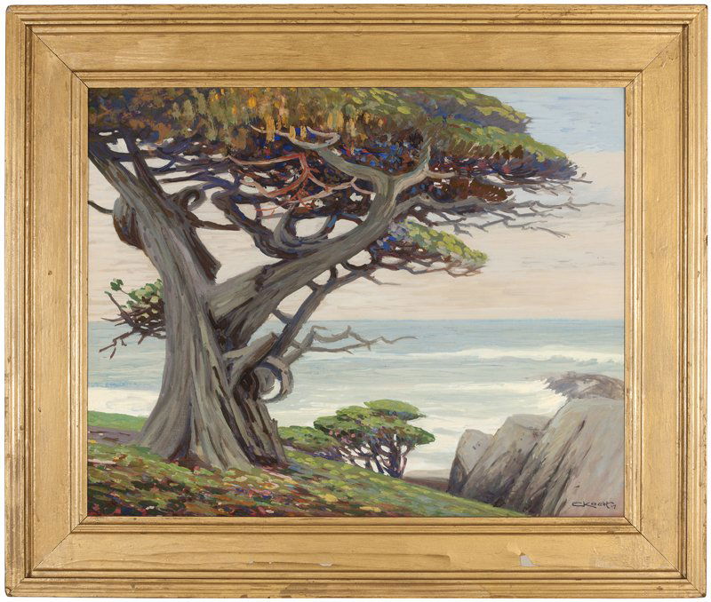 George Joseph Koch (1884-1951 Monterey, CA): Cypress Tree Along the Carmel Coast, signed and dated lower right: G. Koch 17, tempera on board, 16'' x 20'', est:$500/800.